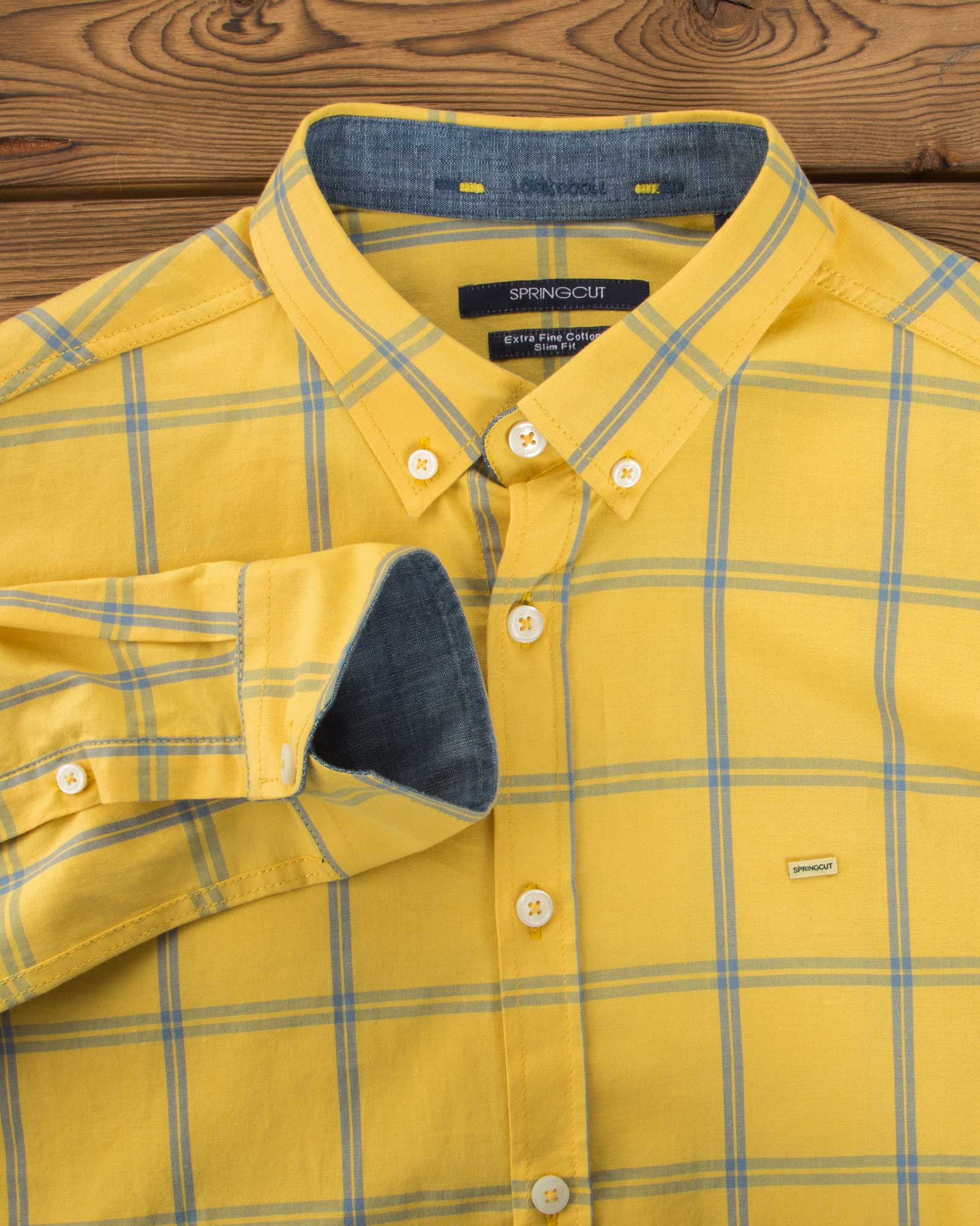پیراهن آستین بلند مردانه چهارخونه (پوپلین) - زرد