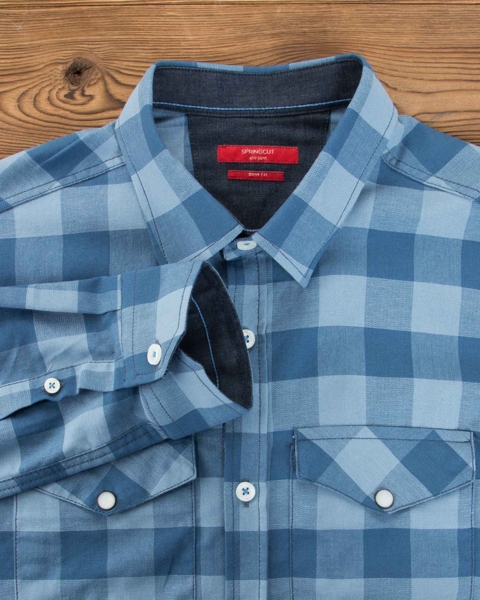 پیراهن آستین بلند چهارخانه‌ی ریز - آبی‌ روشن - یقه مردانه