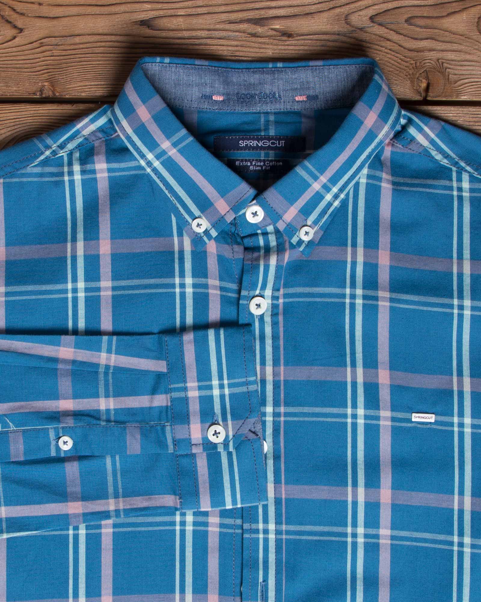 پیراهن مردانه آستین بلند چهارخانه - نیلی