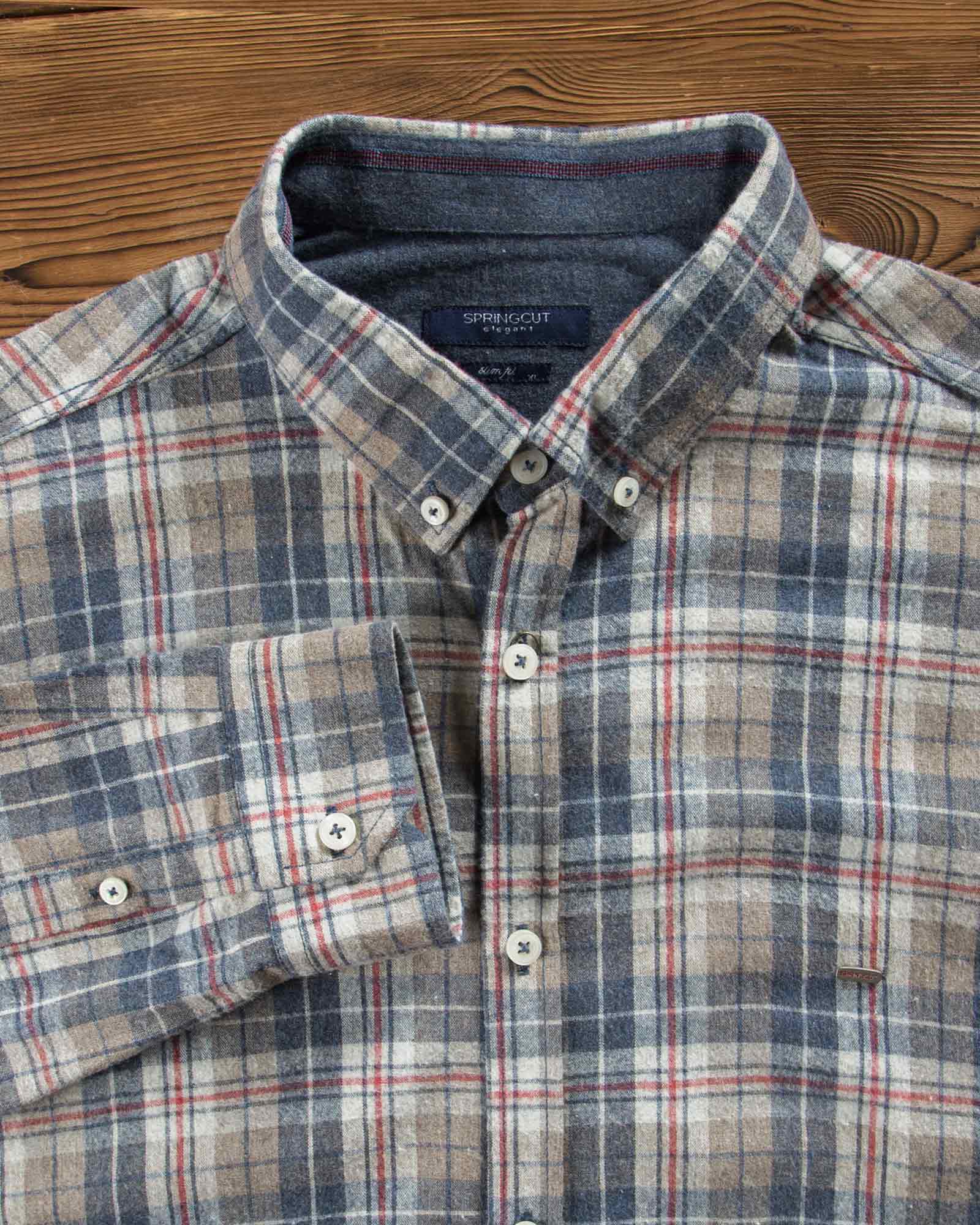 پیراهن پشمی طرح دار مردانه - خاکی - یقه