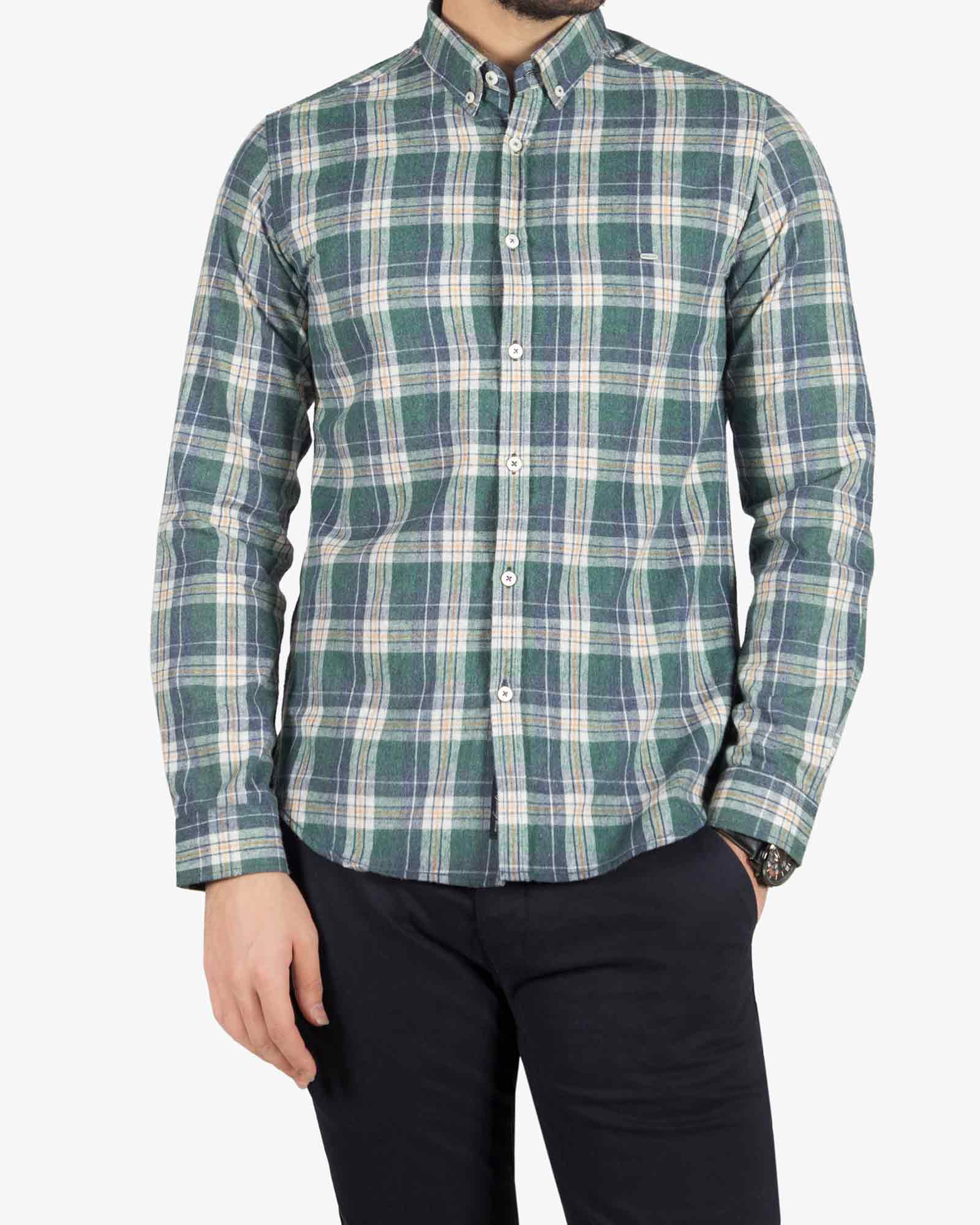 پیراهن پشمی طرح دار مردانه - سبز تیره - رو به رو