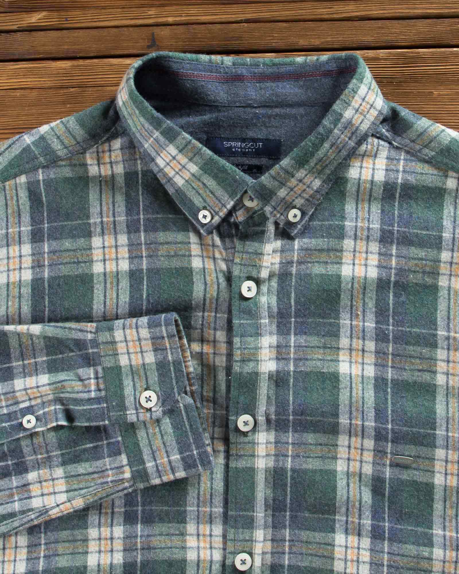 پیراهن پشمی طرح دار مردانه - سبز تیره - یقه آستین