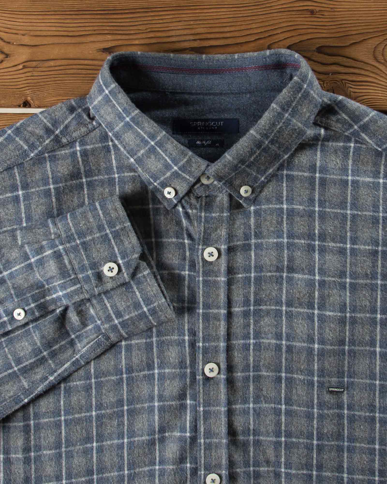 پیراهن پشمی چهارخونه مردانه - خاکستری - یقه مردانه