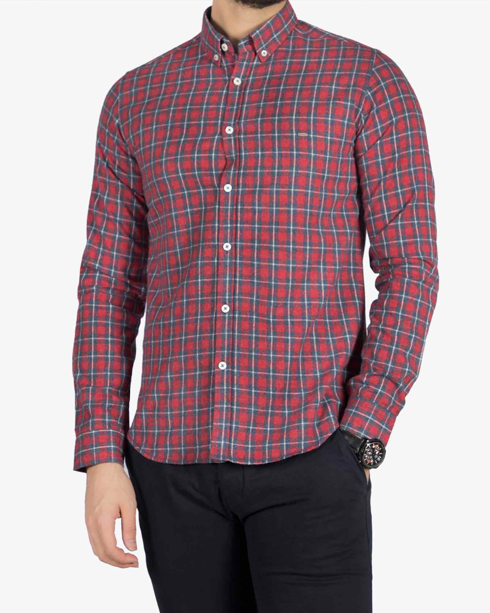 پیراهن پشمی چهارخونه مردانه - قرمز - رو به رو