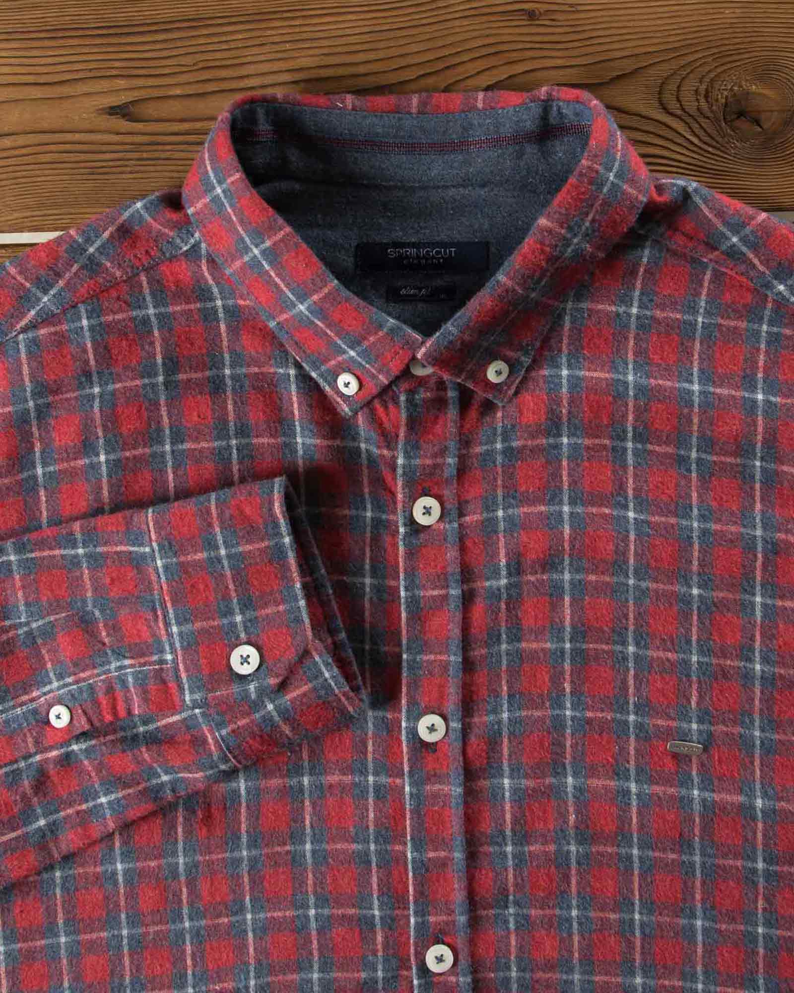 پیراهن پشمی چهارخونه مردانه - قرمز - یقه مردانه