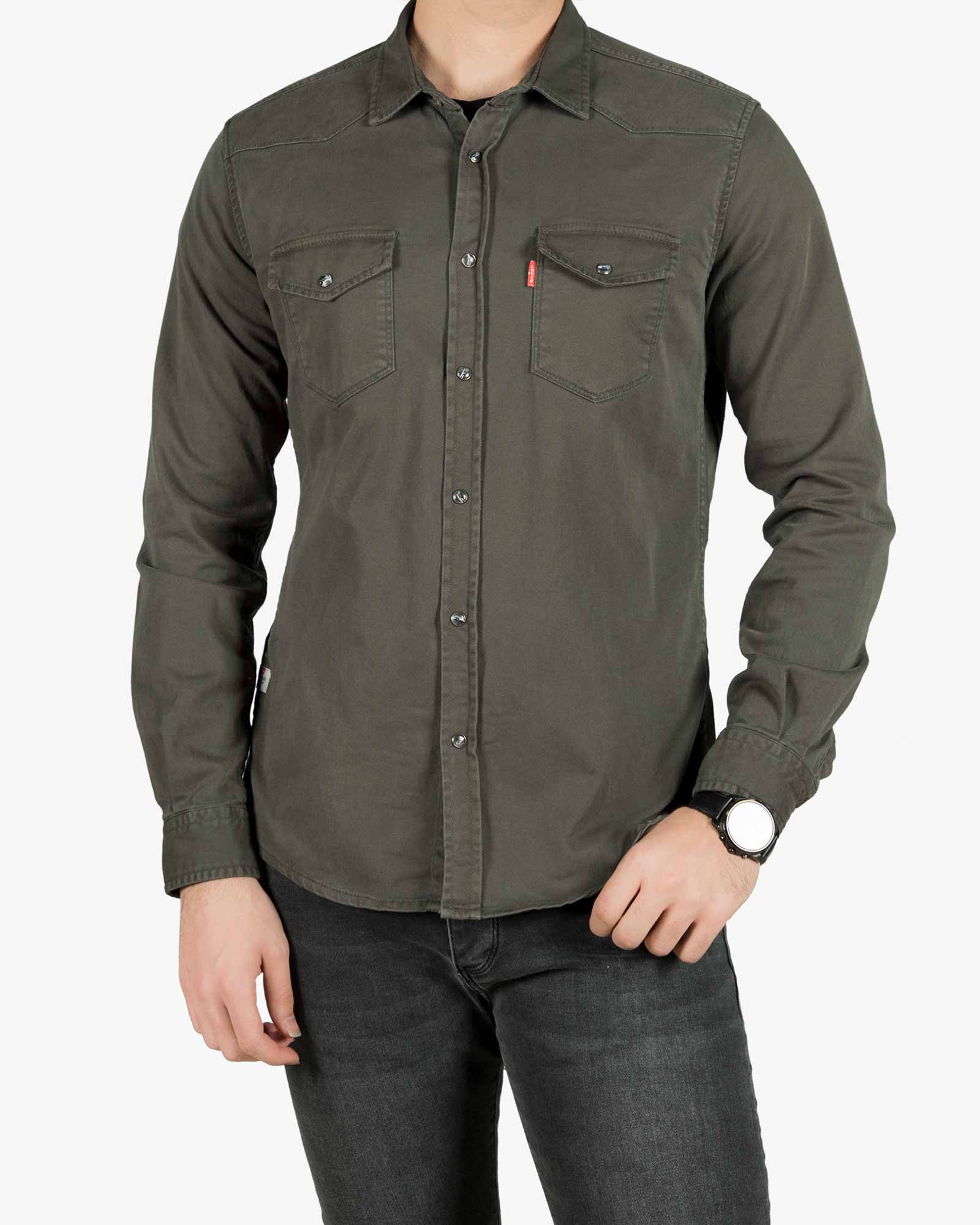 پیراهن کتان دو جیب مردانه - زیتونی سیر - رو به رو