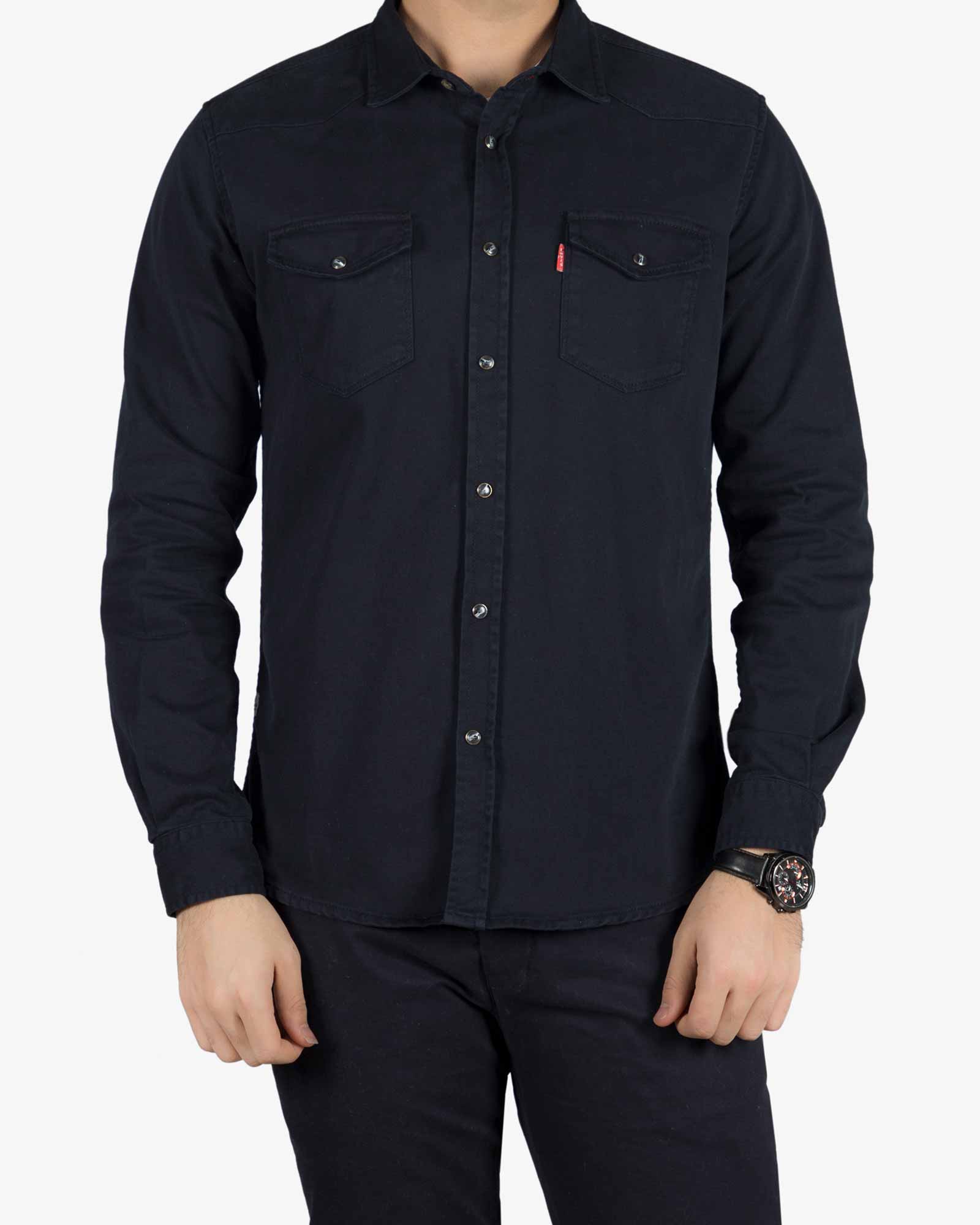پیراهن کتان دو جیب مردانه - سرمه ای تیره - رو به رو