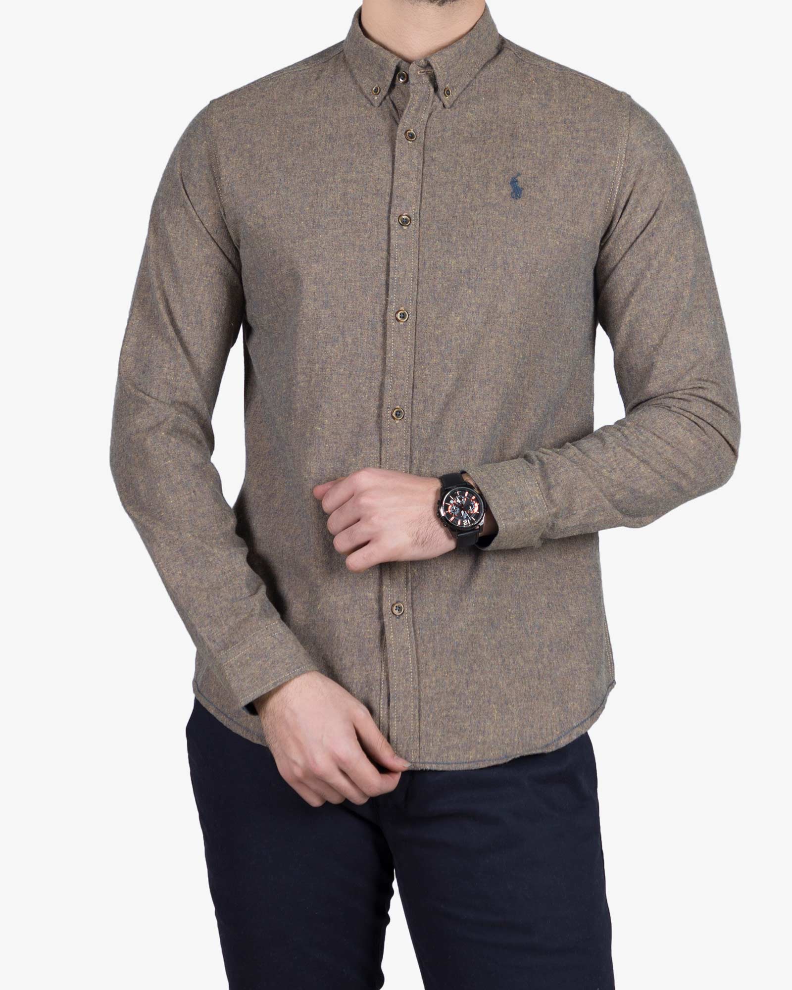 پیراهن کتان مردانه کلاسیک - خاکی - رو به رو