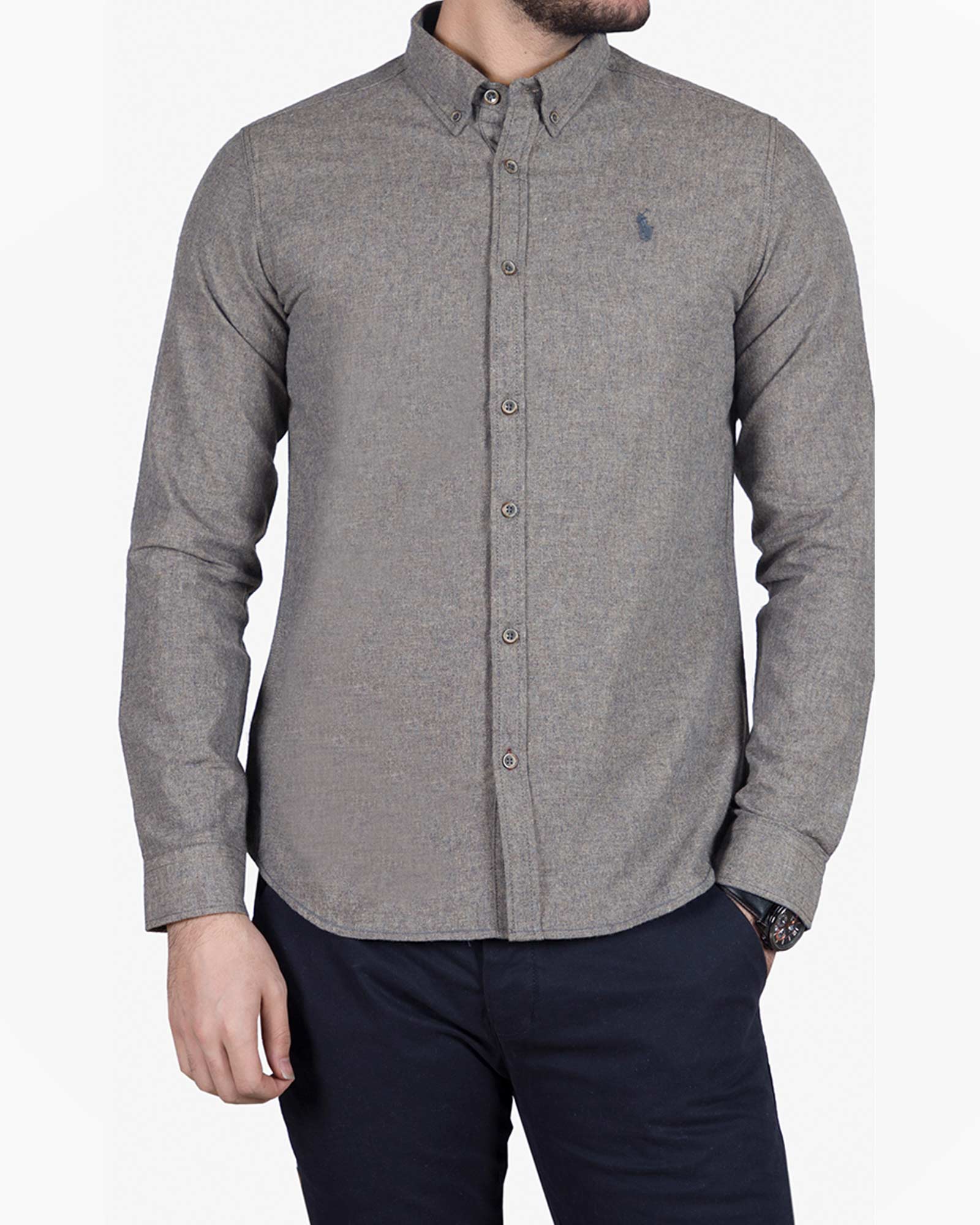 پیراهن کتان مردانه کلاسیک - سربی - رو به رو