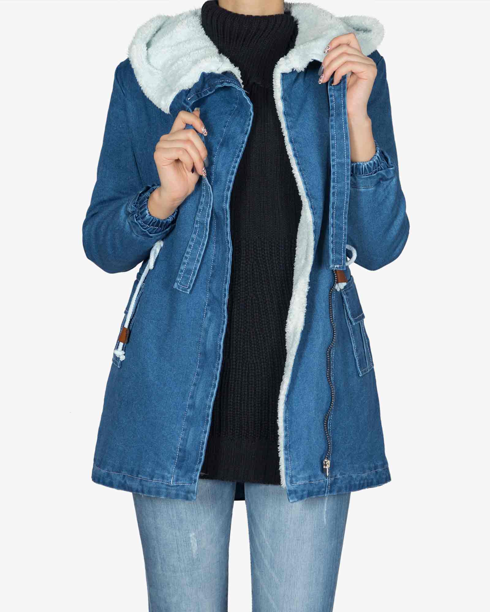 کاپشن جین زنانه کوتاه کلاه دار - آبی تیره - جلو باز