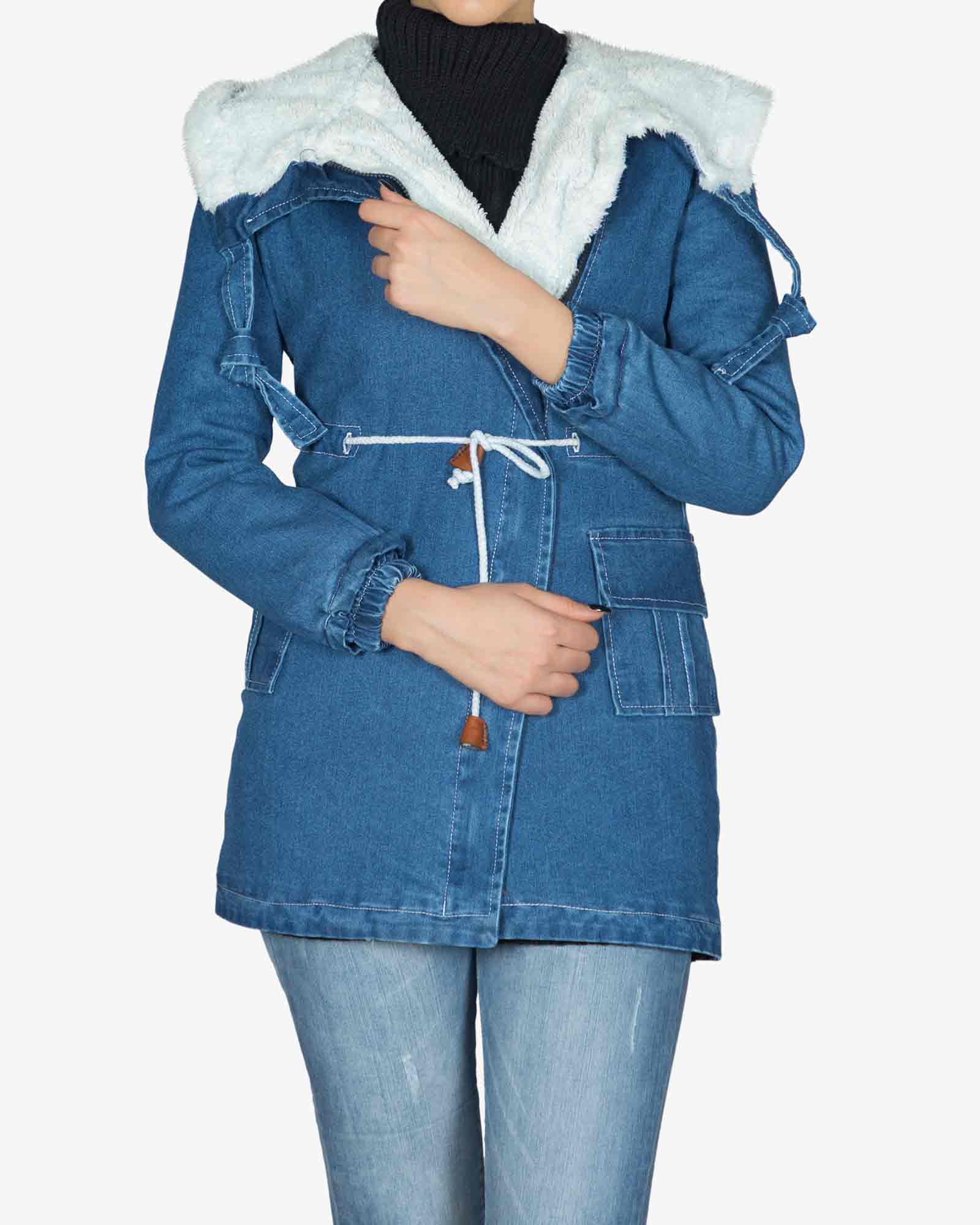 کاپشن جین زنانه کوتاه کلاه دار - آبی تیره - رو به رو