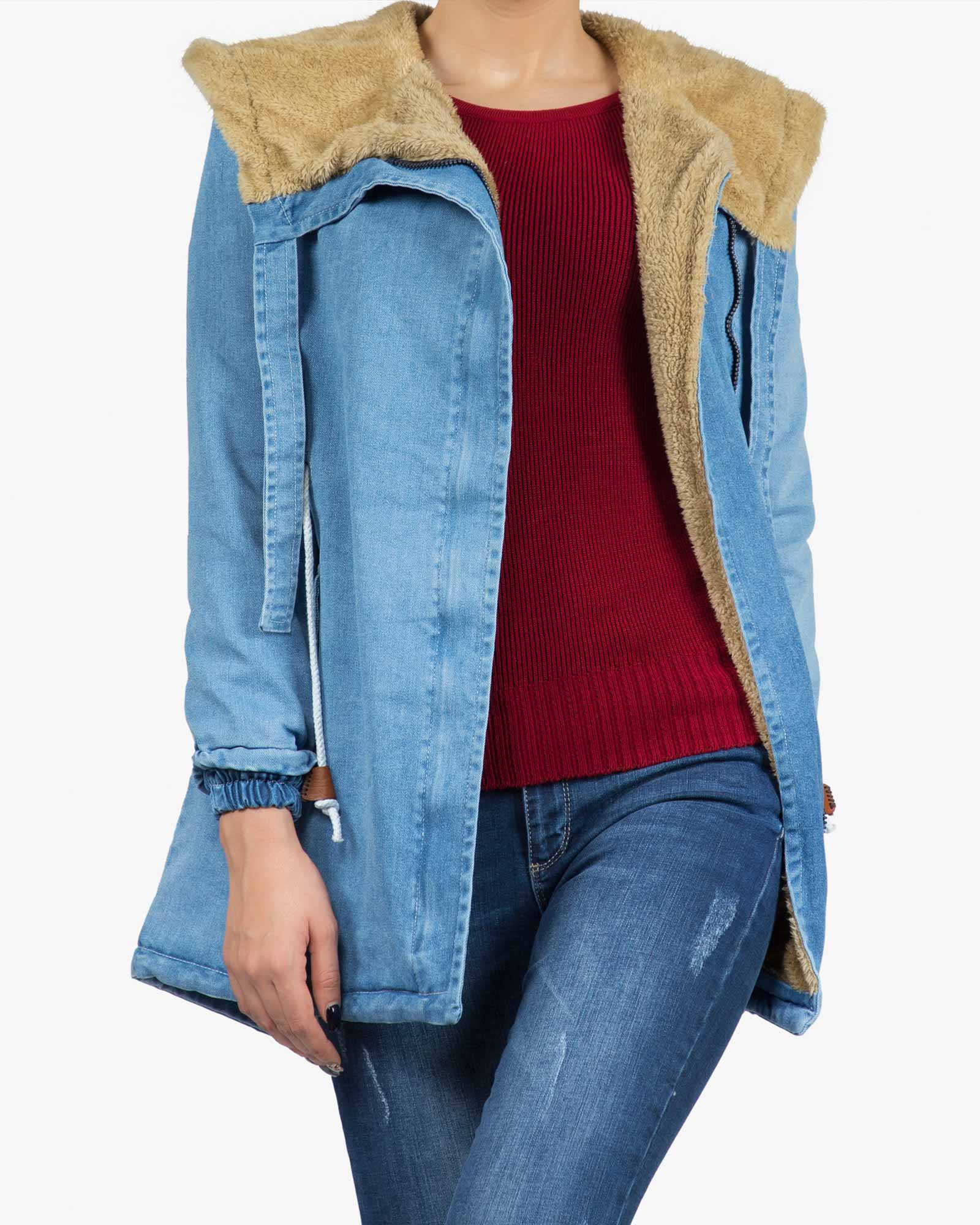 کاپشن جین زنانه کوتاه کلاه دار - آبی روشن - جلو باز