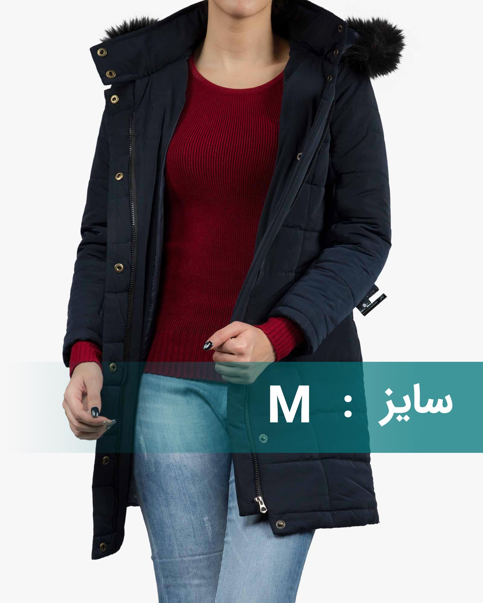 کاپشن زنانه بلند کلاه دار - سرمه‌ای