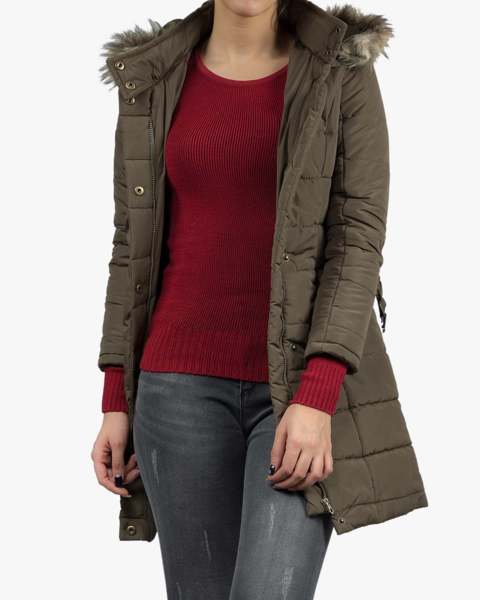 کاپشن زنانه بلند کلاه دار - سبز ارتشی - جلو باز