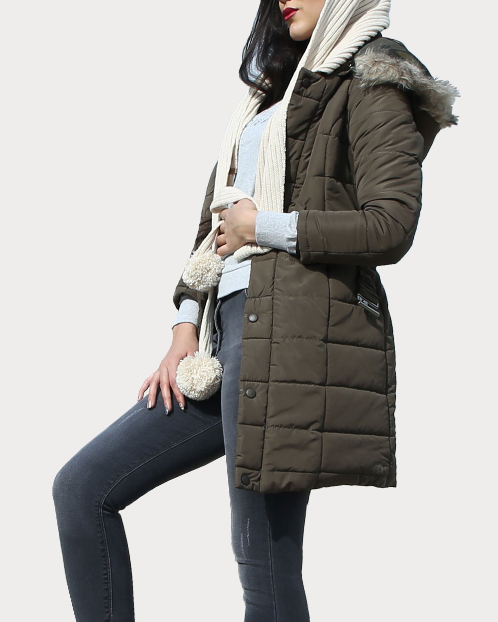 کاپشن زنانه بلند کلاه دار - سبز ارتشی - محیطی