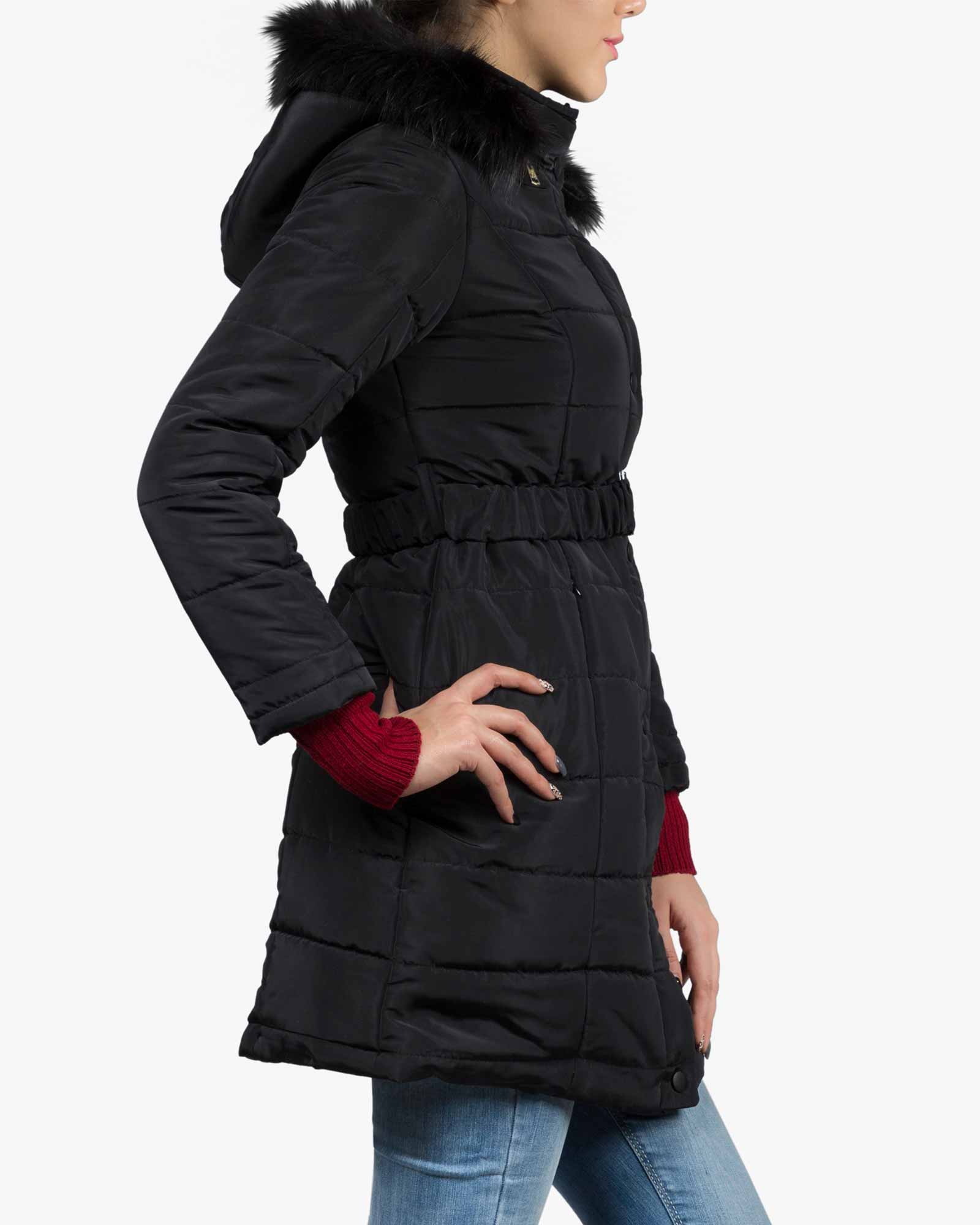 کاپشن زنانه بلند کلاه دار - مشکی - بغل