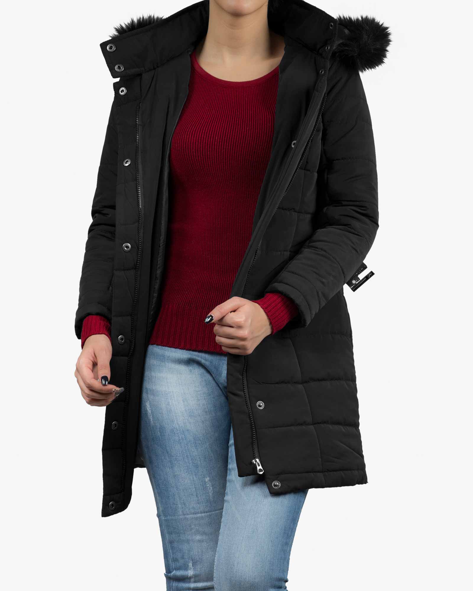 کاپشن زنانه بلند کلاه دار - مشکی - جلو باز