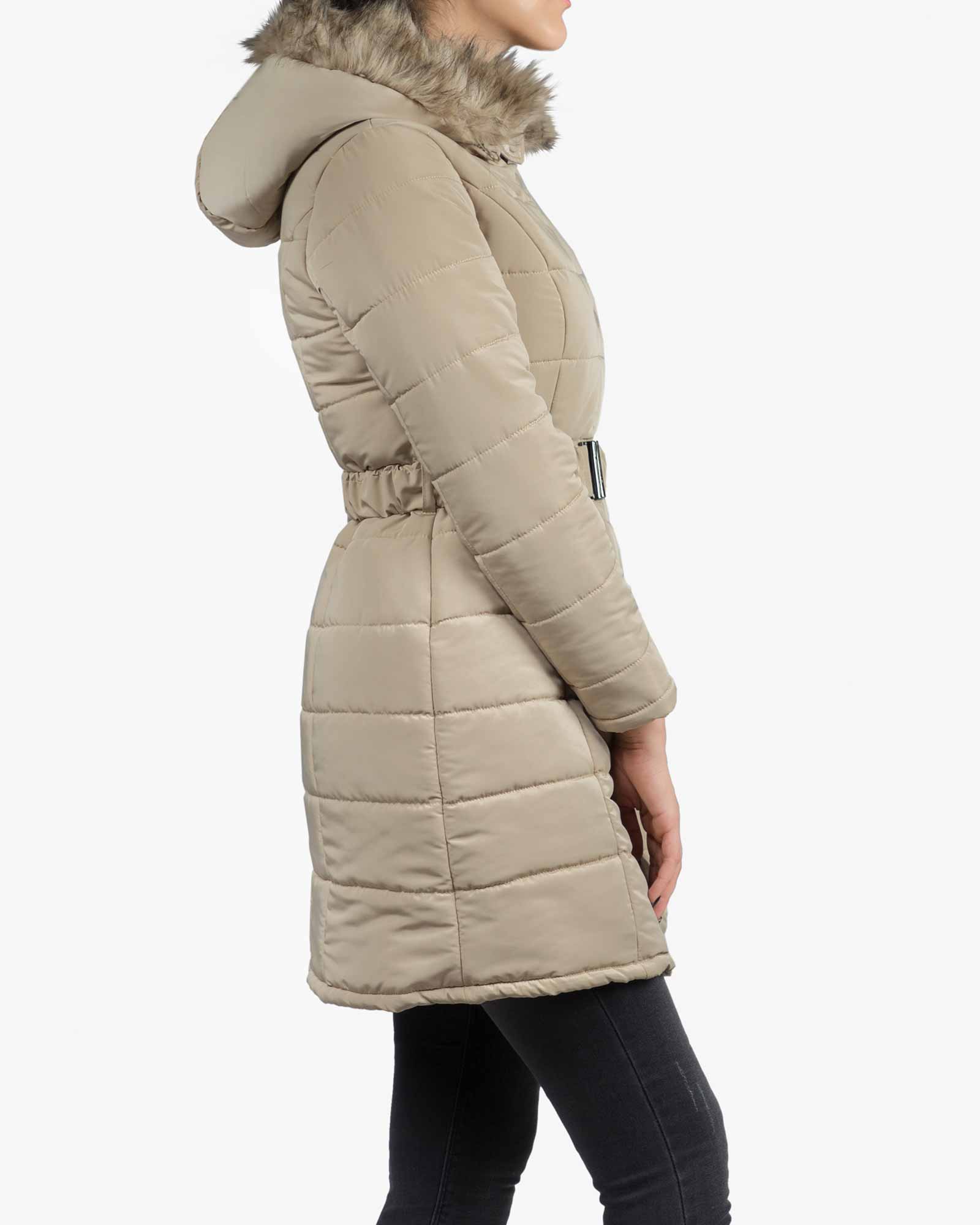 کاپشن زنانه بلند کلاه دار - کرمی - بغل