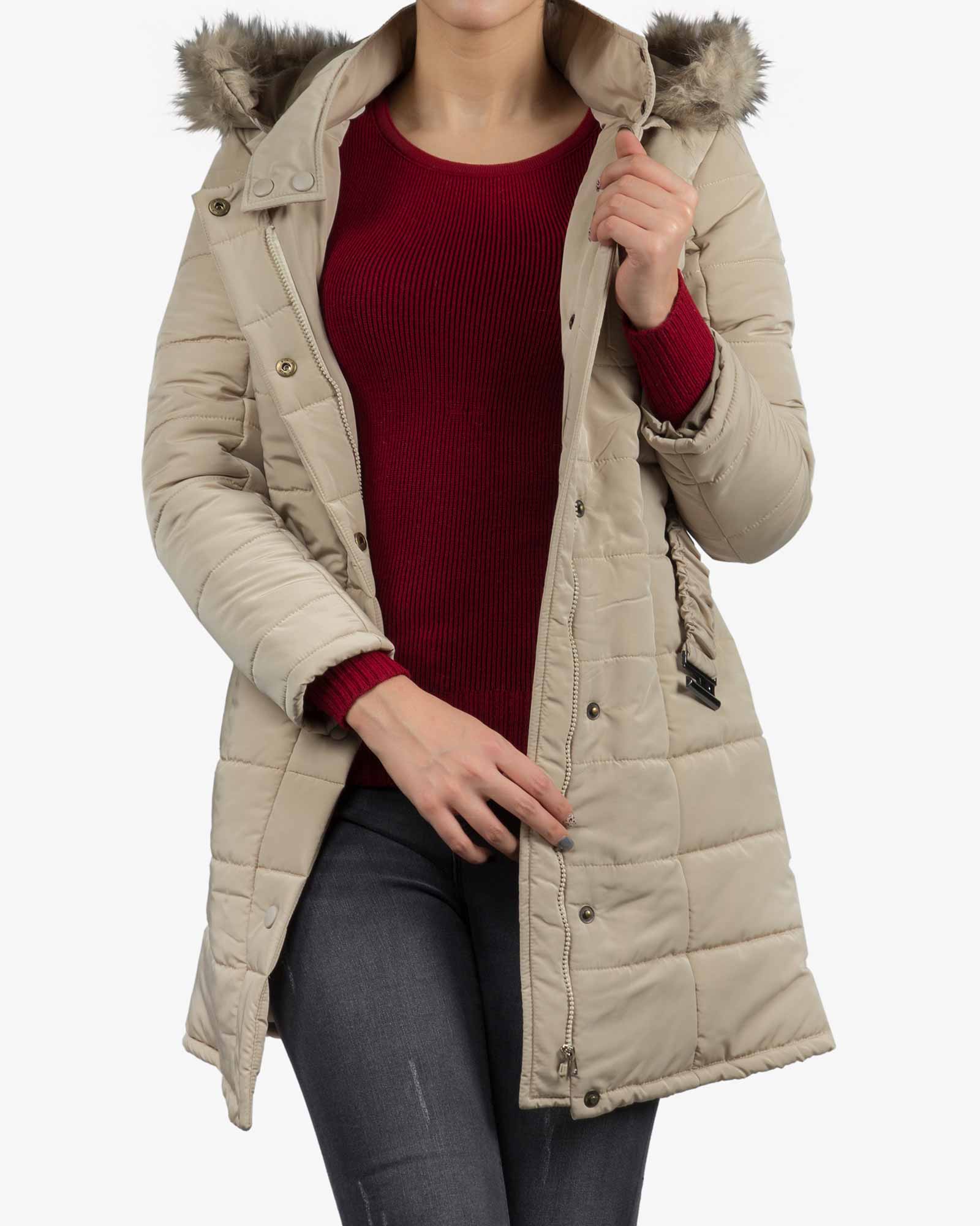 کاپشن زنانه بلند کلاه دار - کرمی - جلو باز