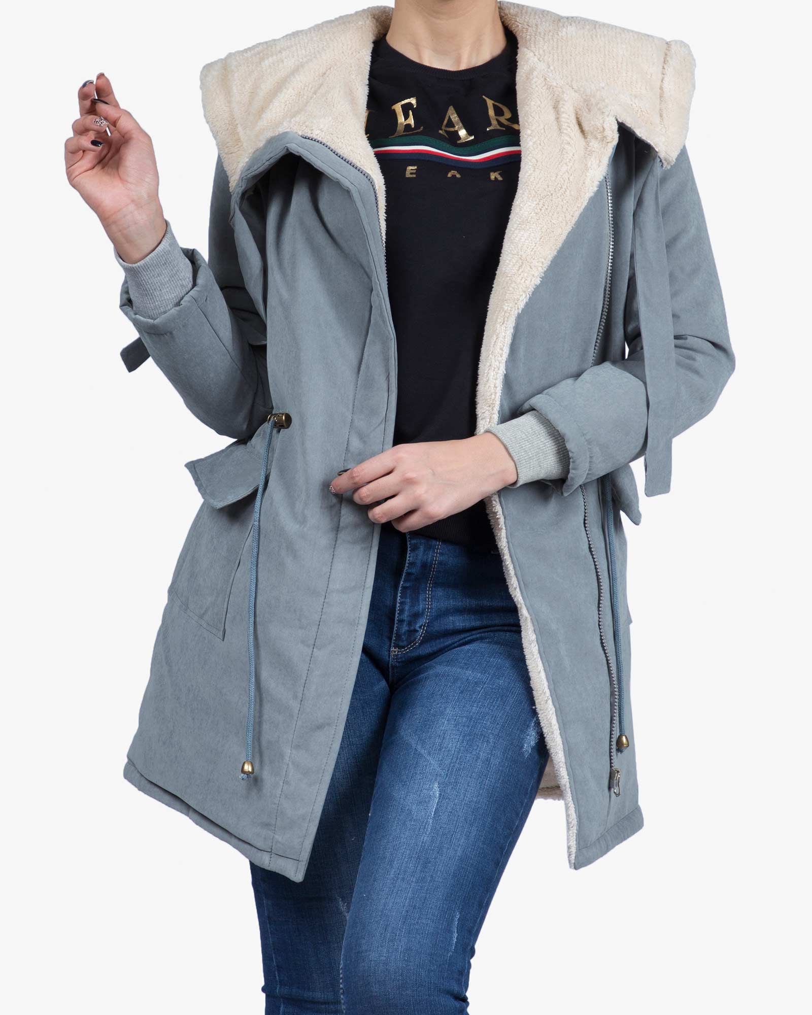 کاپشن زنانه کلاه دار تو کرکی - آبی روشن - جلو باز