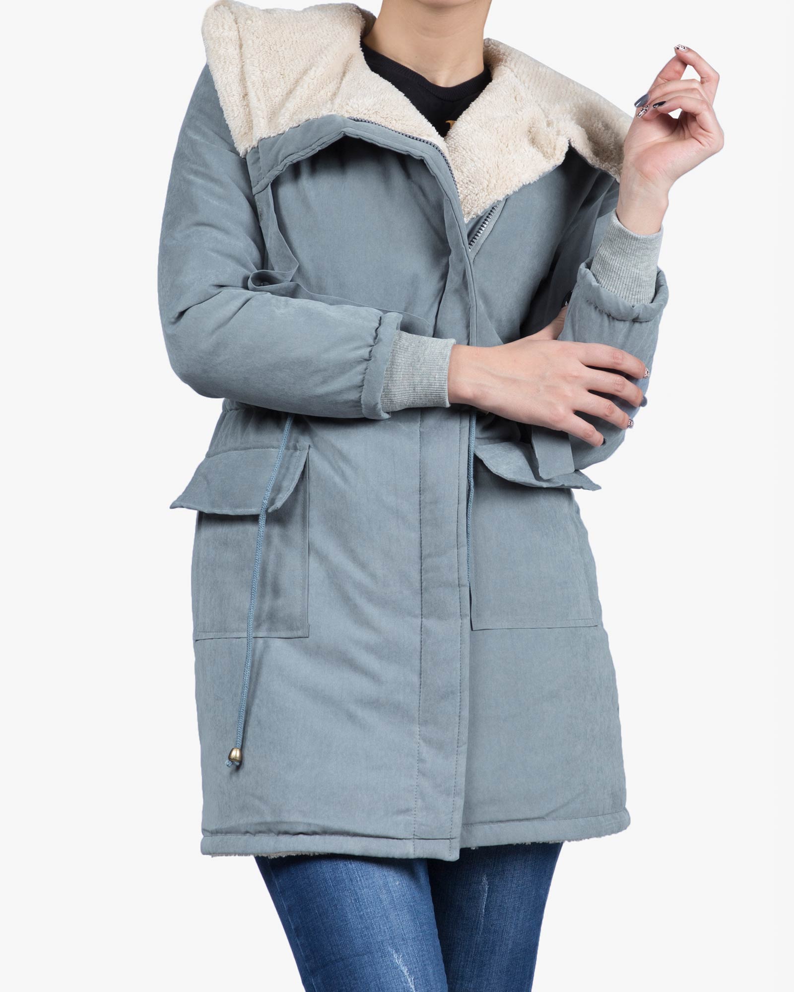 کاپشن زنانه کلاه دار تو کرکی - آبی روشن - رو به رو