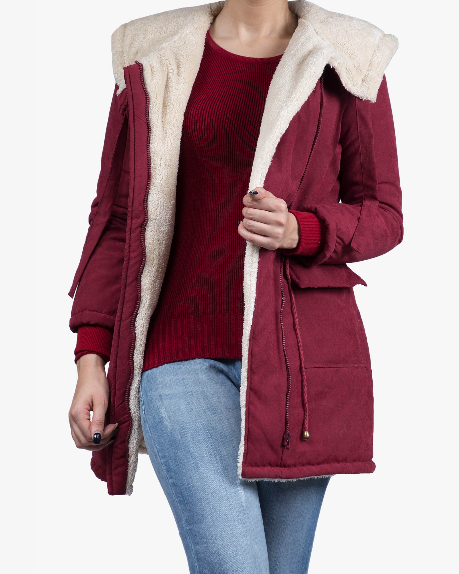 کاپشن زنانه کلاه دار تو کرکی - زرشکی - جلو باز