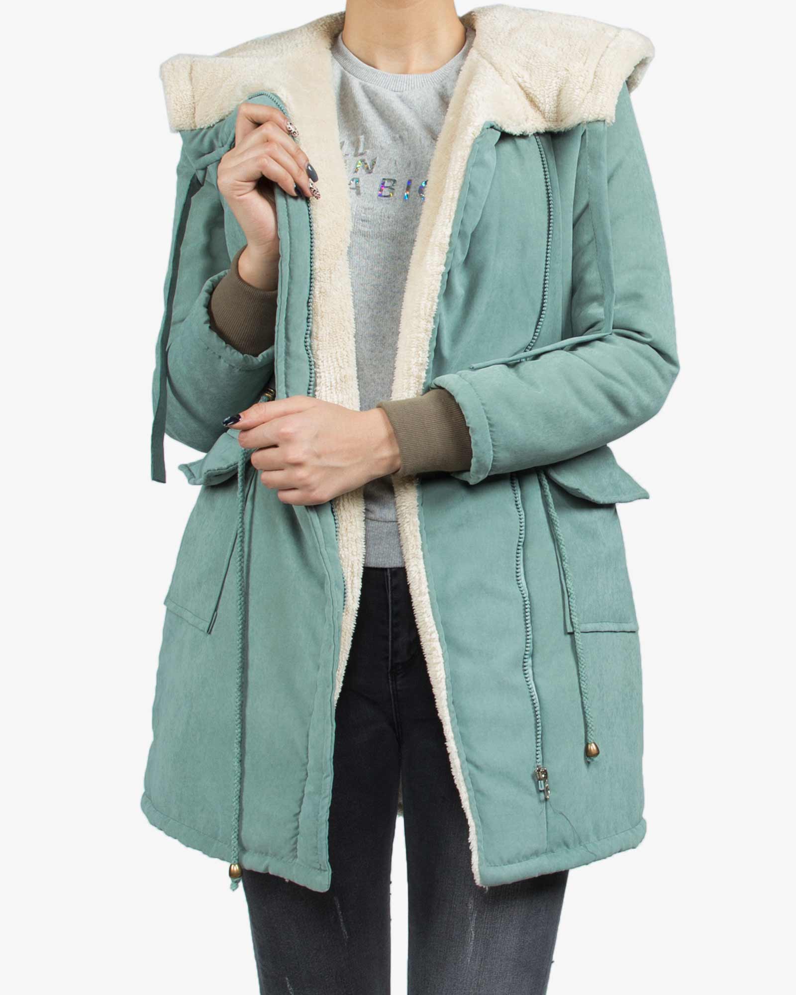 کاپشن زنانه کلاه دار تو کرکی - سبز زمردی - جلو باز