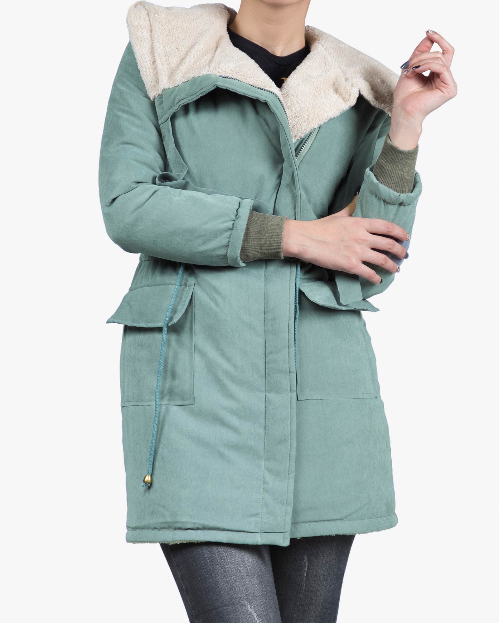 کاپشن زنانه کلاه دار تو کرکی - سبز زمردی - جلو