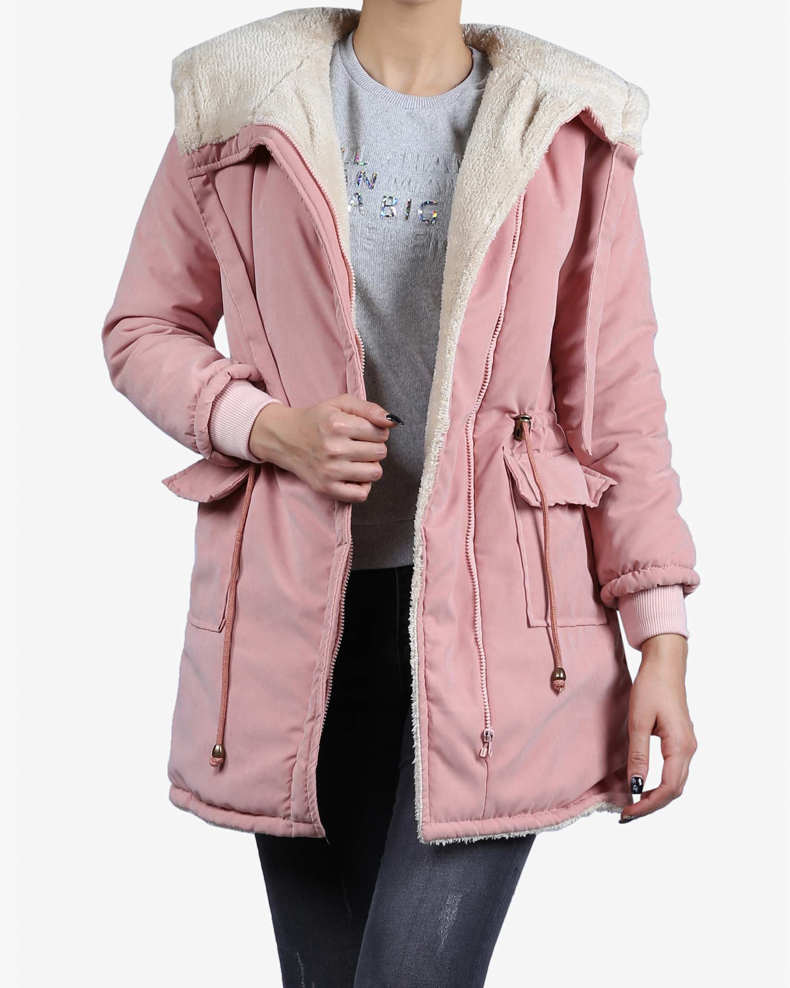 کاپشن زنانه کلاه دار تو کرکی - صورتی کثیف