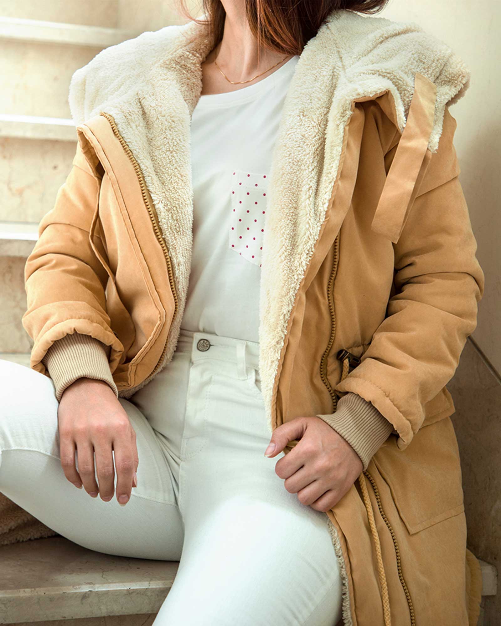 کاپشن زنانه کلاه دار تو کرکی - عسلی - محیطی زنانه