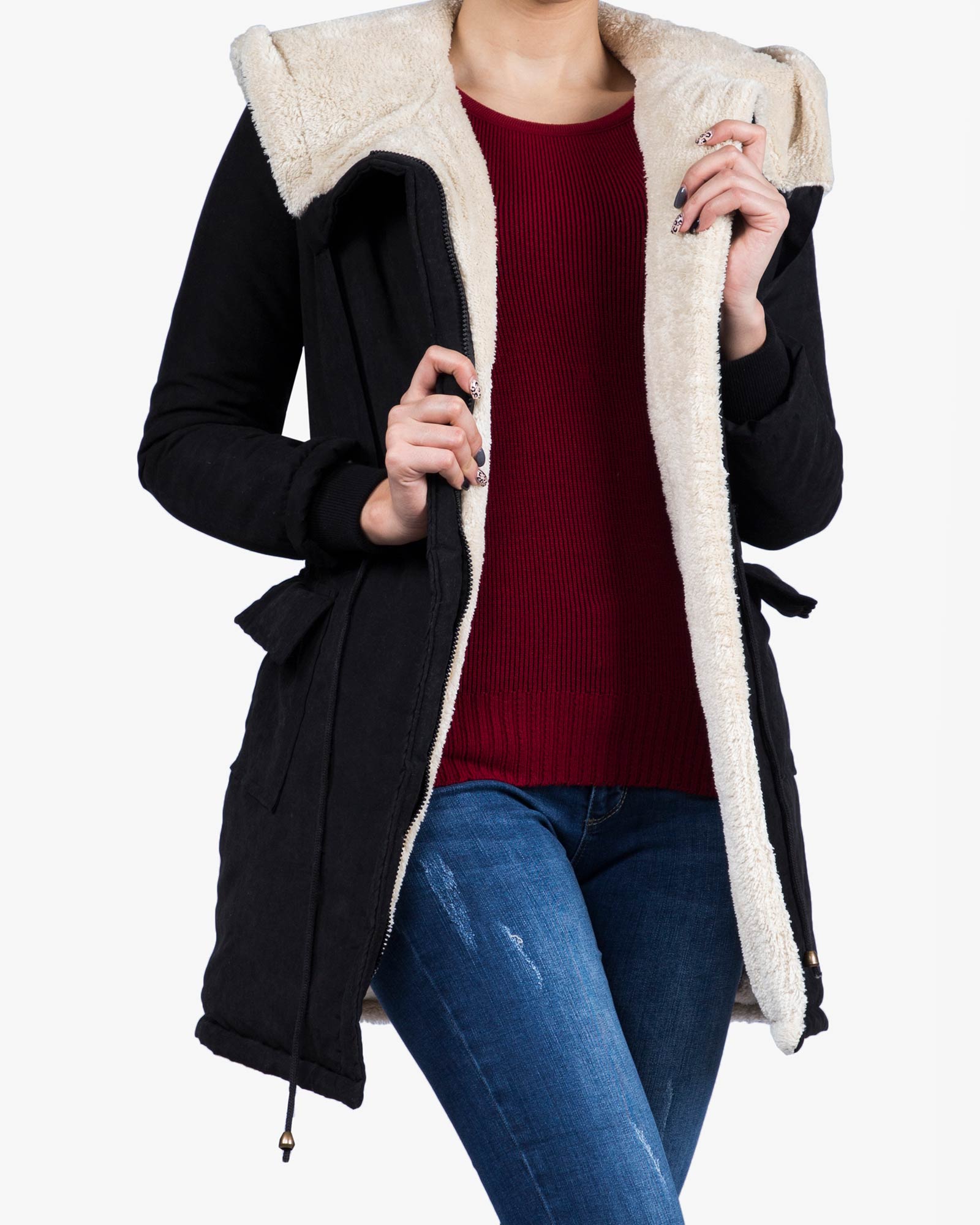 کاپشن زنانه کلاه دار تو کرکی - مشکی - جلو