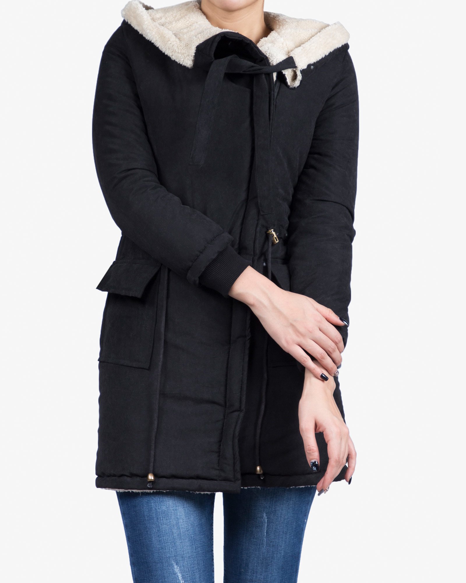 کاپشن زنانه کلاه دار تو کرکی - مشکی - رو به رو