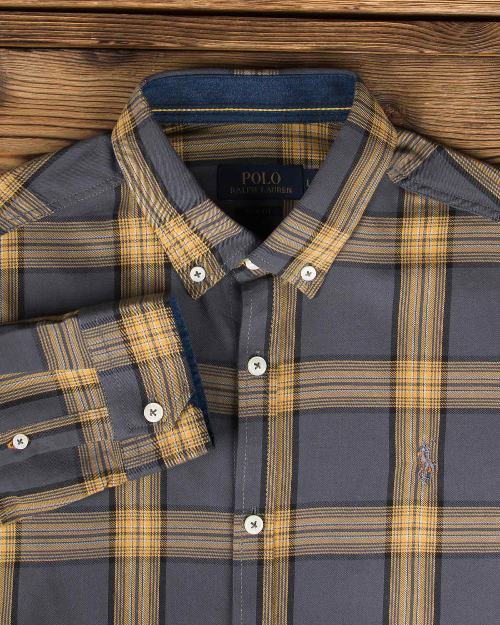 پیراهن طرح پولو چهارخانه - دودی - آستین و یقه