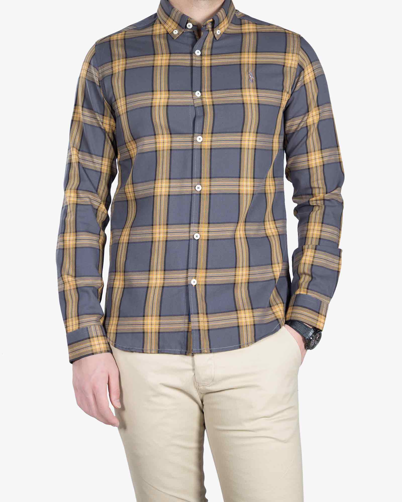 پیراهن طرح پولو چهارخانه - دودی - رو به رو