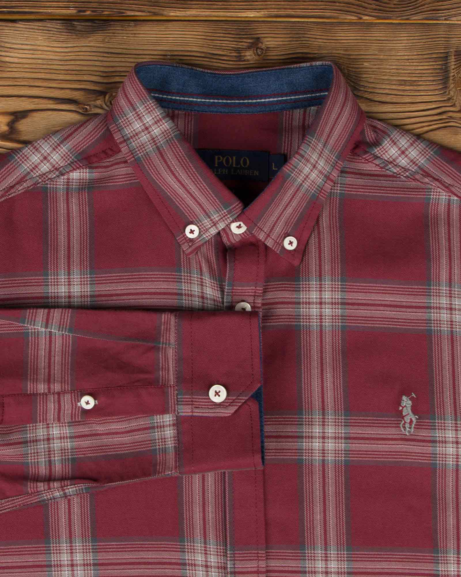 پیراهن طرح پولو چهارخانه - زرشکی - آستین و یقه