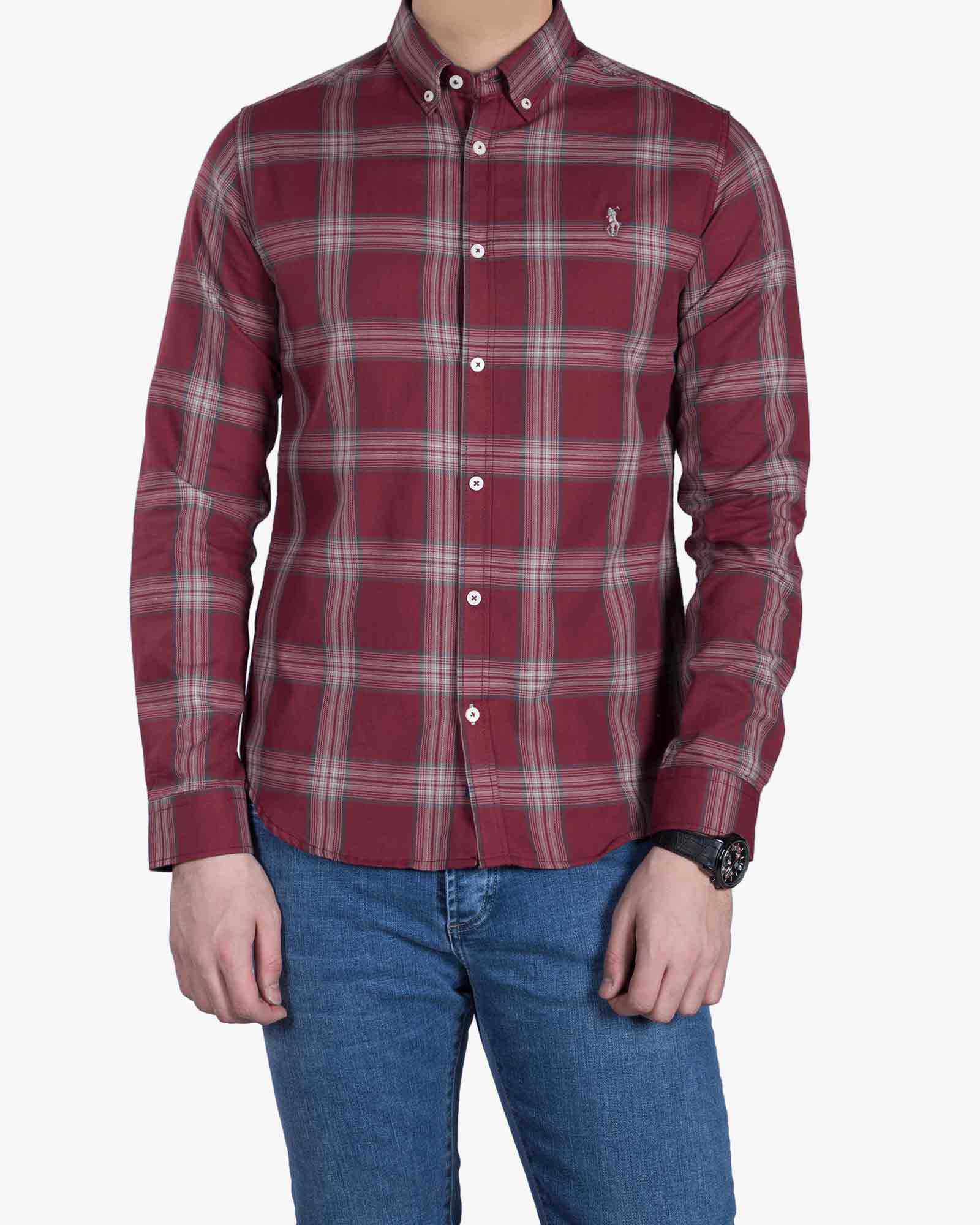 پیراهن طرح پولو چهارخانه - زرشکی - رو به رو