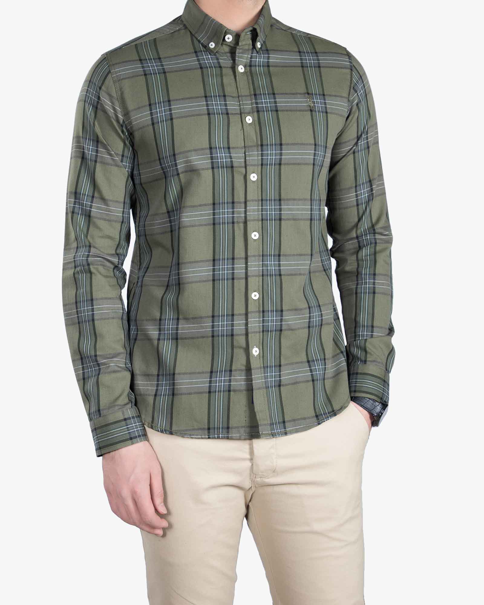 پیراهن طرح پولو چهارخانه - زیتونی سیر - رو به رو