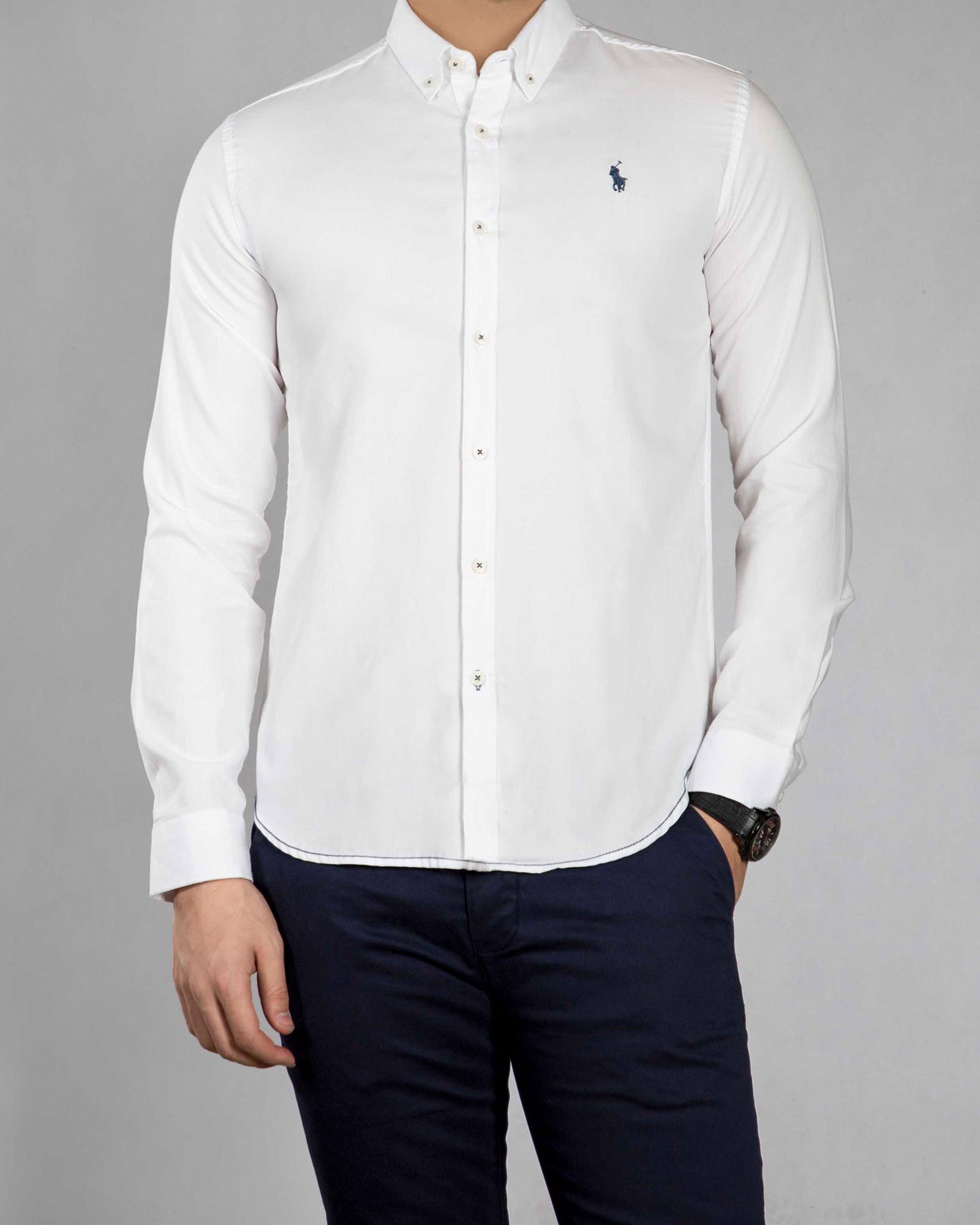 پیراهن مردانه آستین بلند - سفید - رو به رو پیراهن