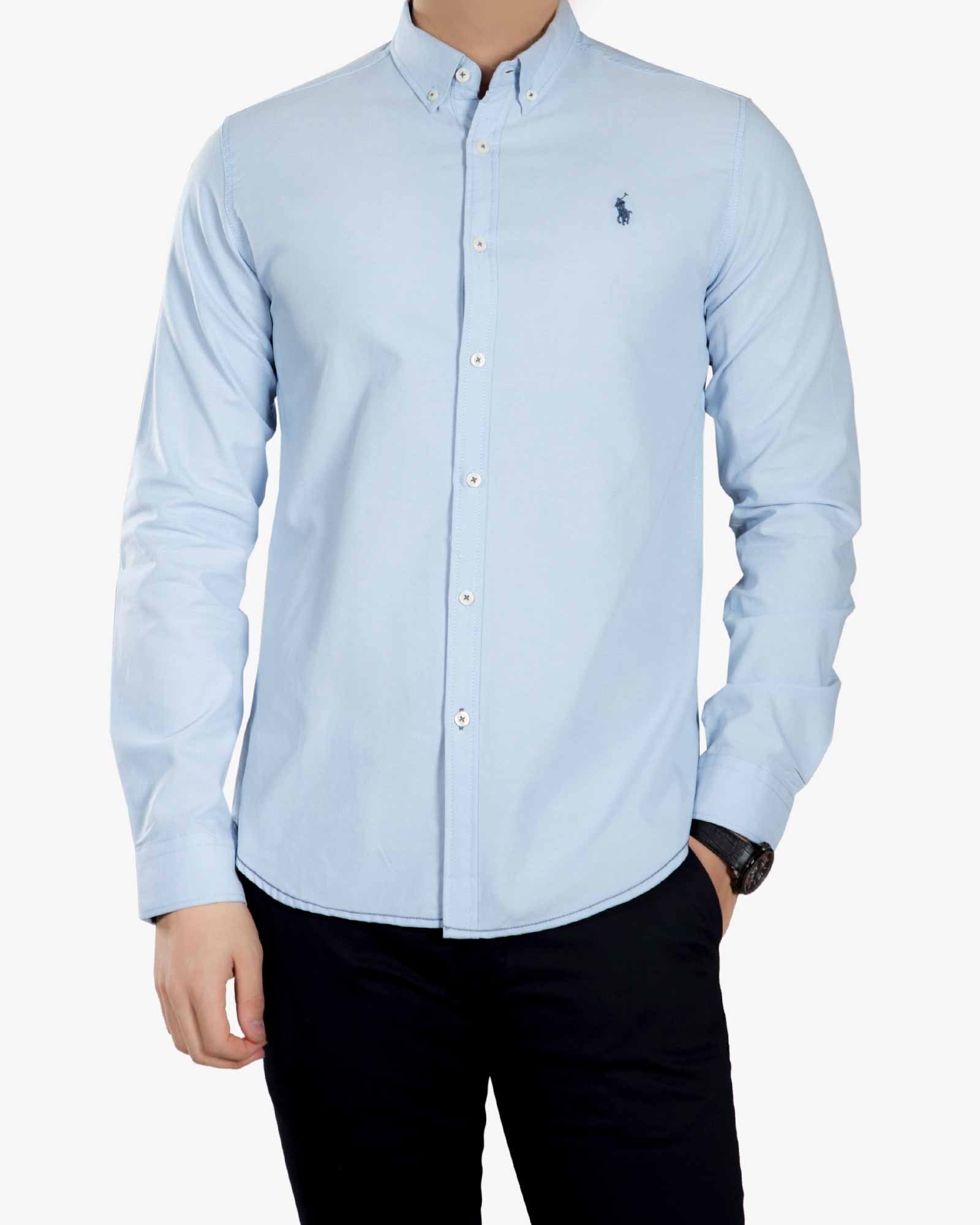 پیراهن مردانه آستین بلند - نیلی پاستیلی - رو به رو