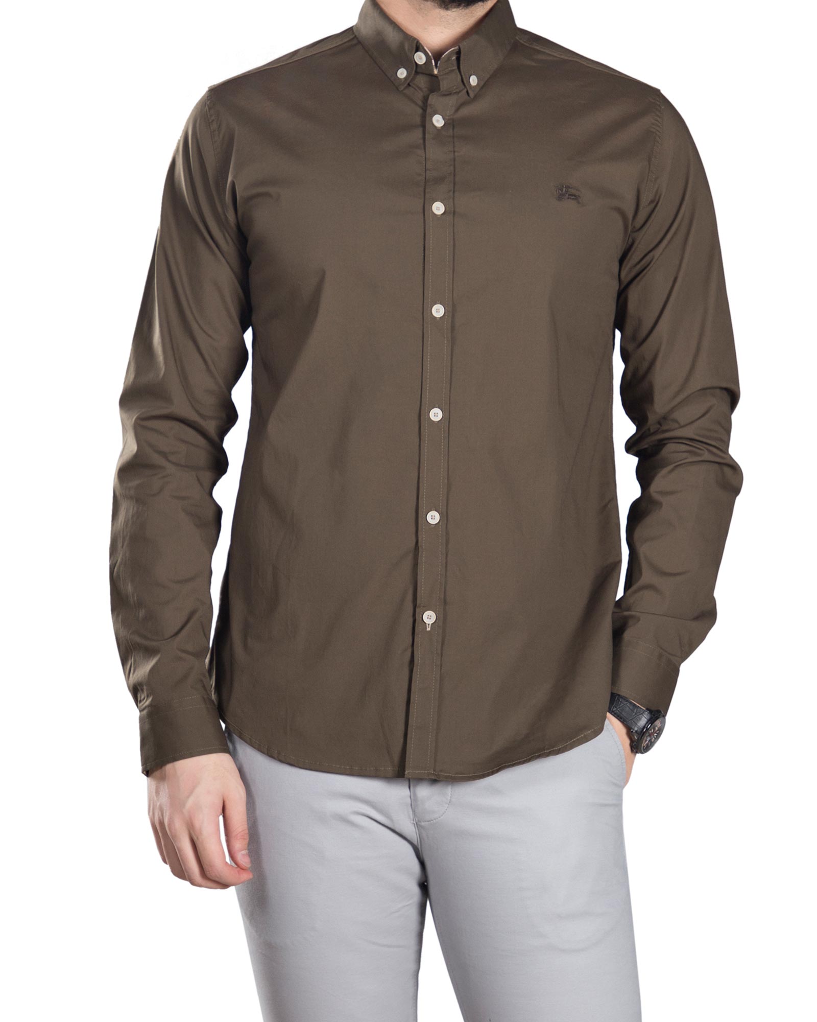 پیراهن مردانه اسپرت ساده - یشمی - رو به رو