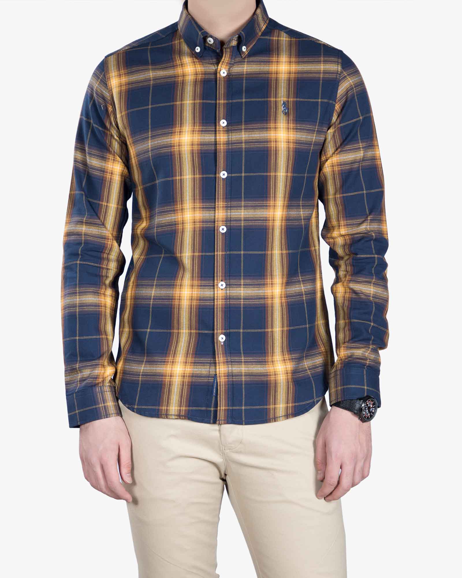 پیراهن مردانه چهارخانه اسپرت - عسلی - رو به رو