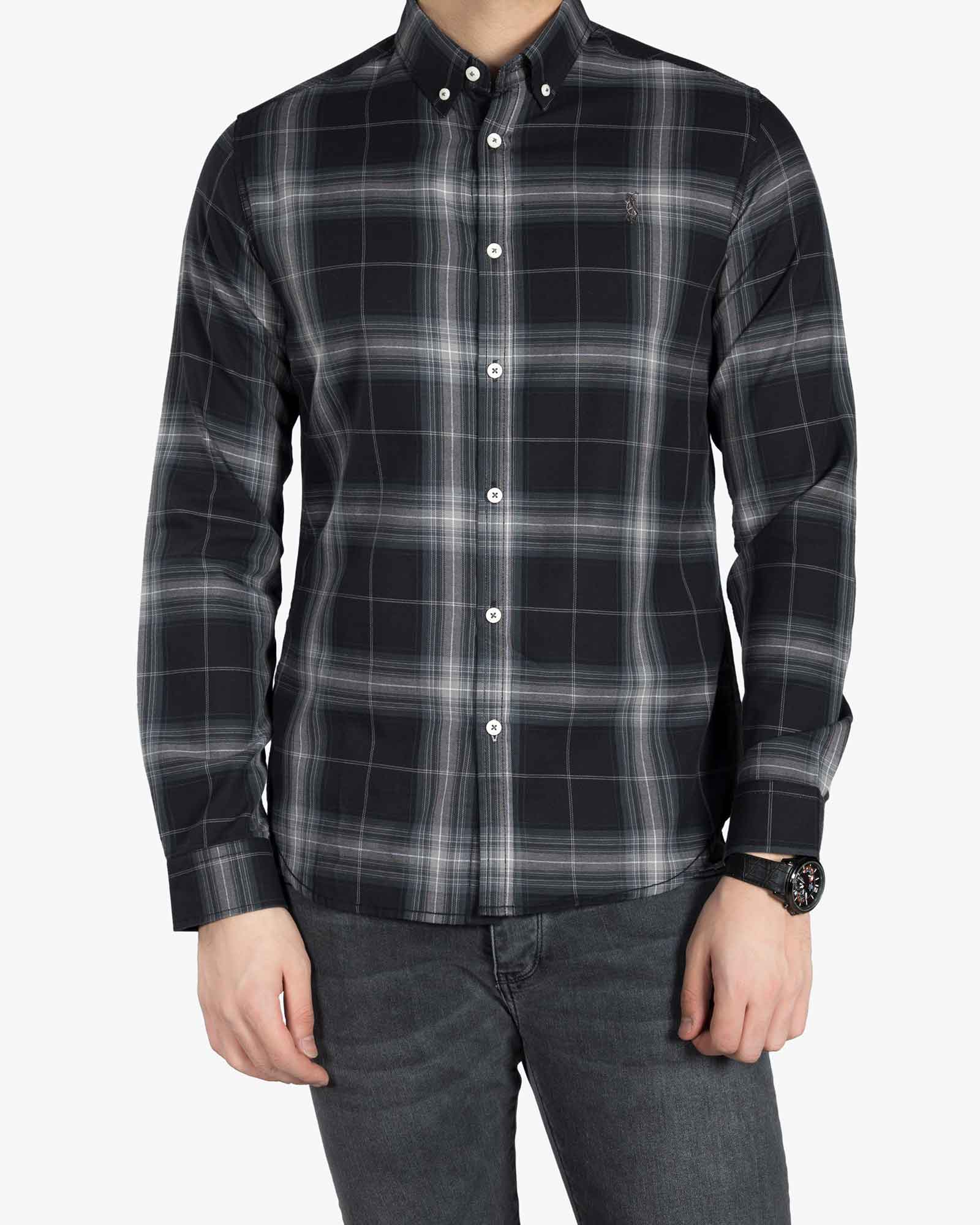 پیراهن مردانه چهارخانه اسپرت - مشکی - رو به رو