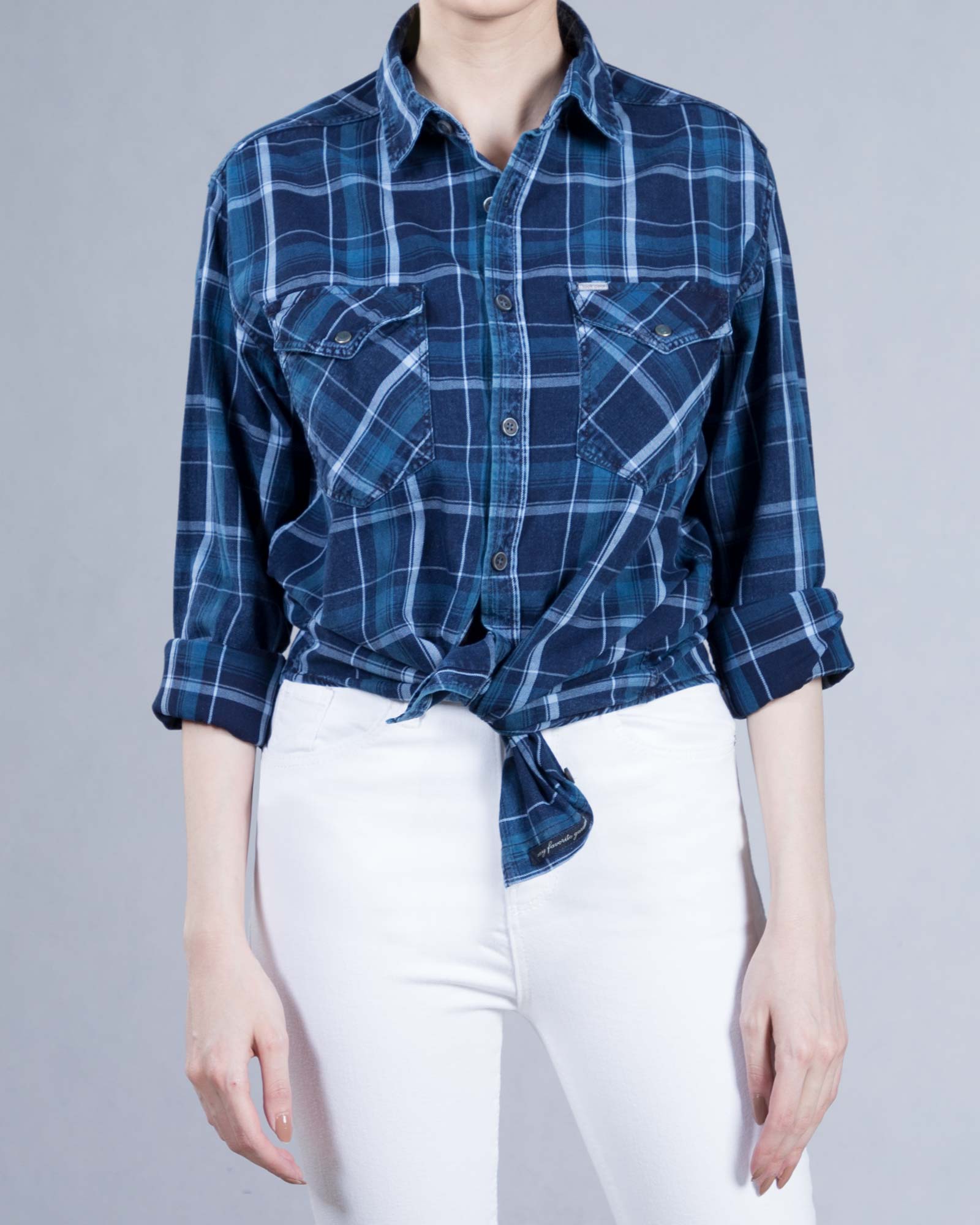 پیراهن چهارخانه دخترانه اسپرت - آبی - جلو