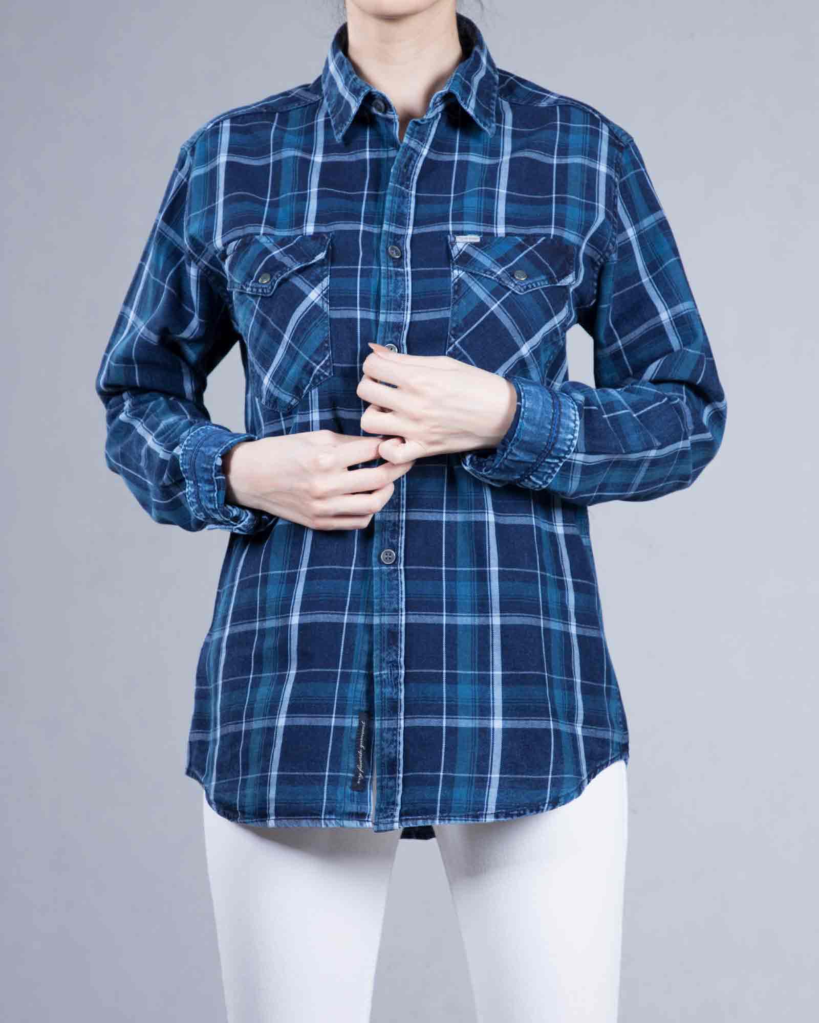 پیراهن چهارخانه دخترانه اسپرت - آبی - رو به رو