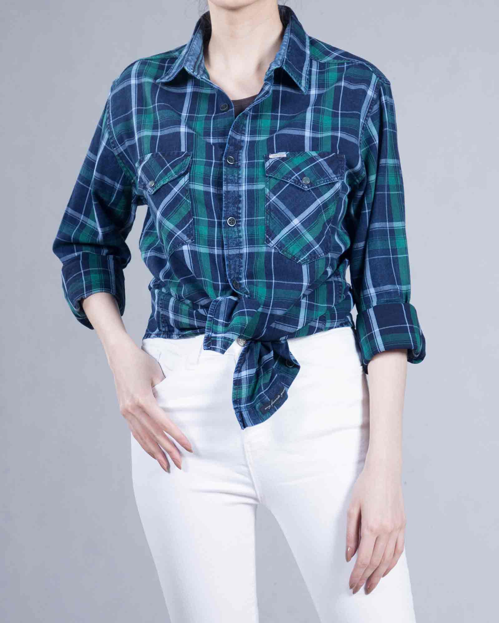 پیراهن چهارخانه دخترانه اسپرت - سبز - گره دار