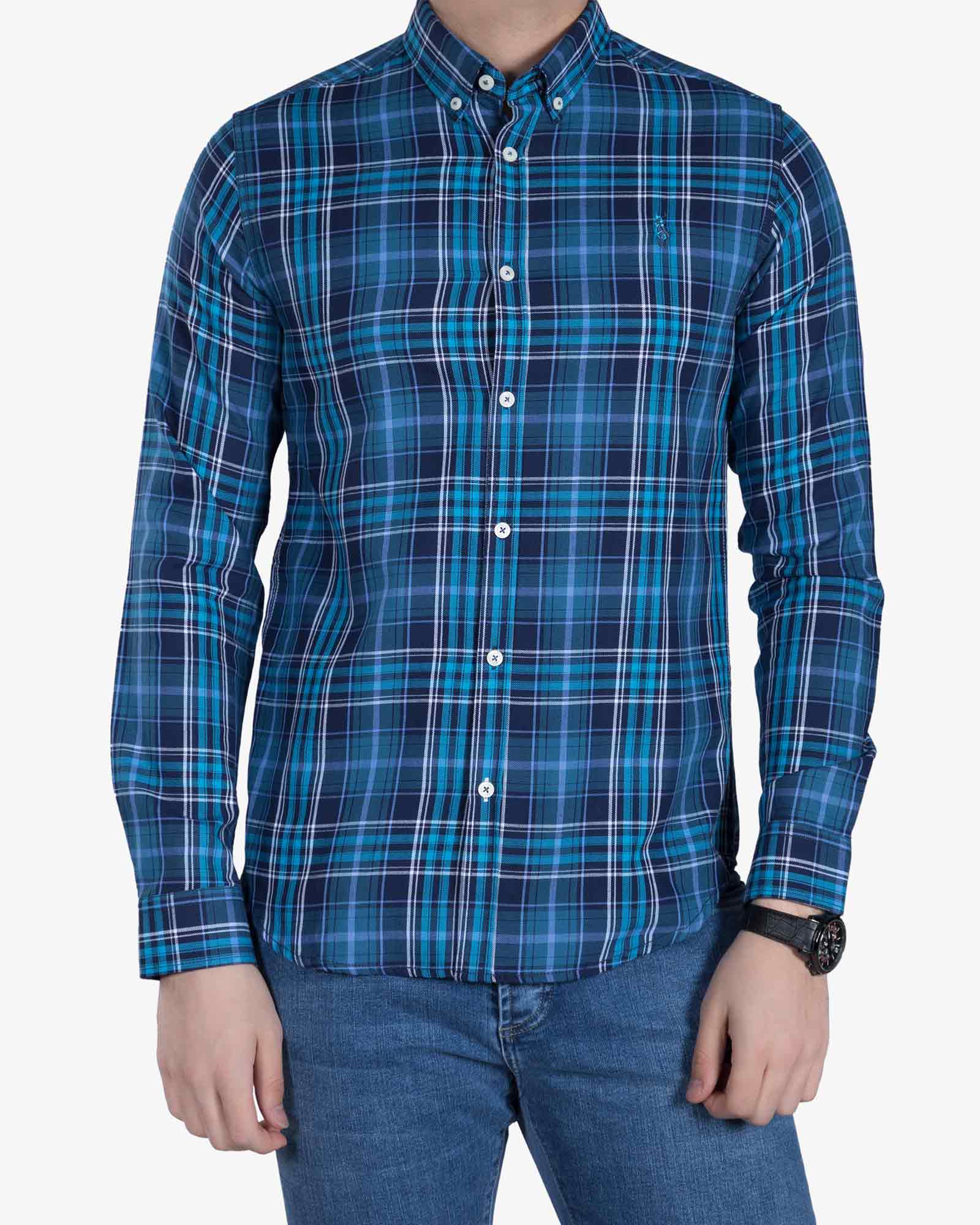 پیراهن چهارخانه ریز مردانه - آبی روشن - رو به رو