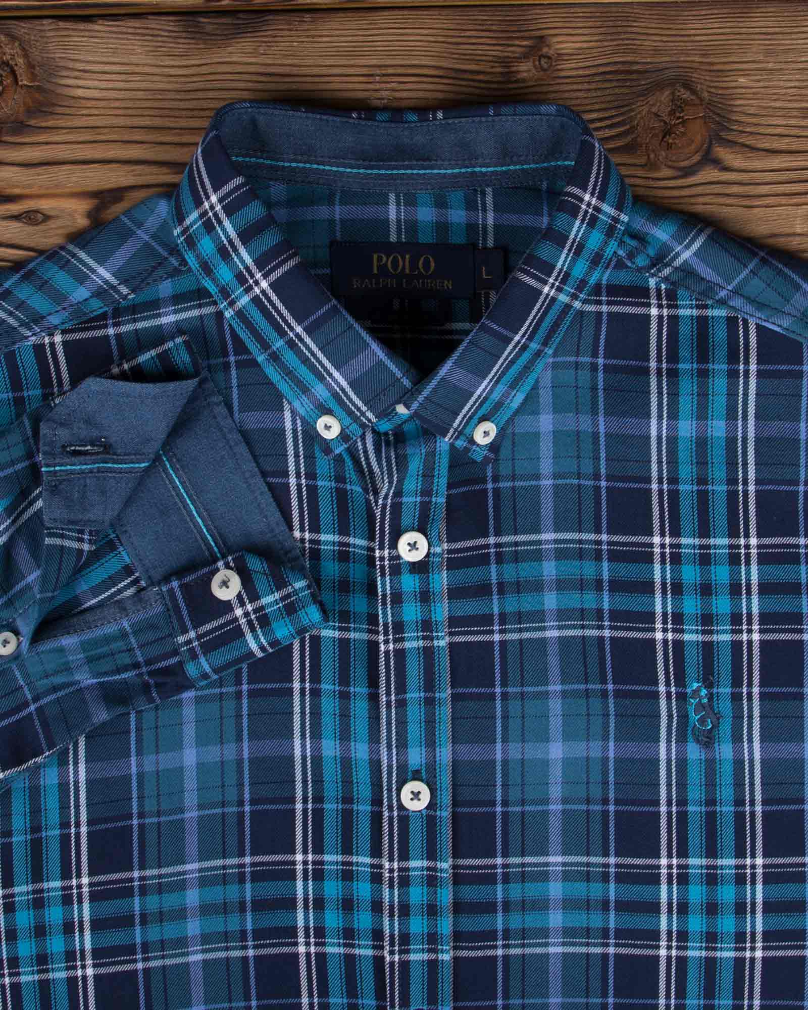 پیراهن چهارخانه ریز مردانه - آبی روشن - یقه آستین