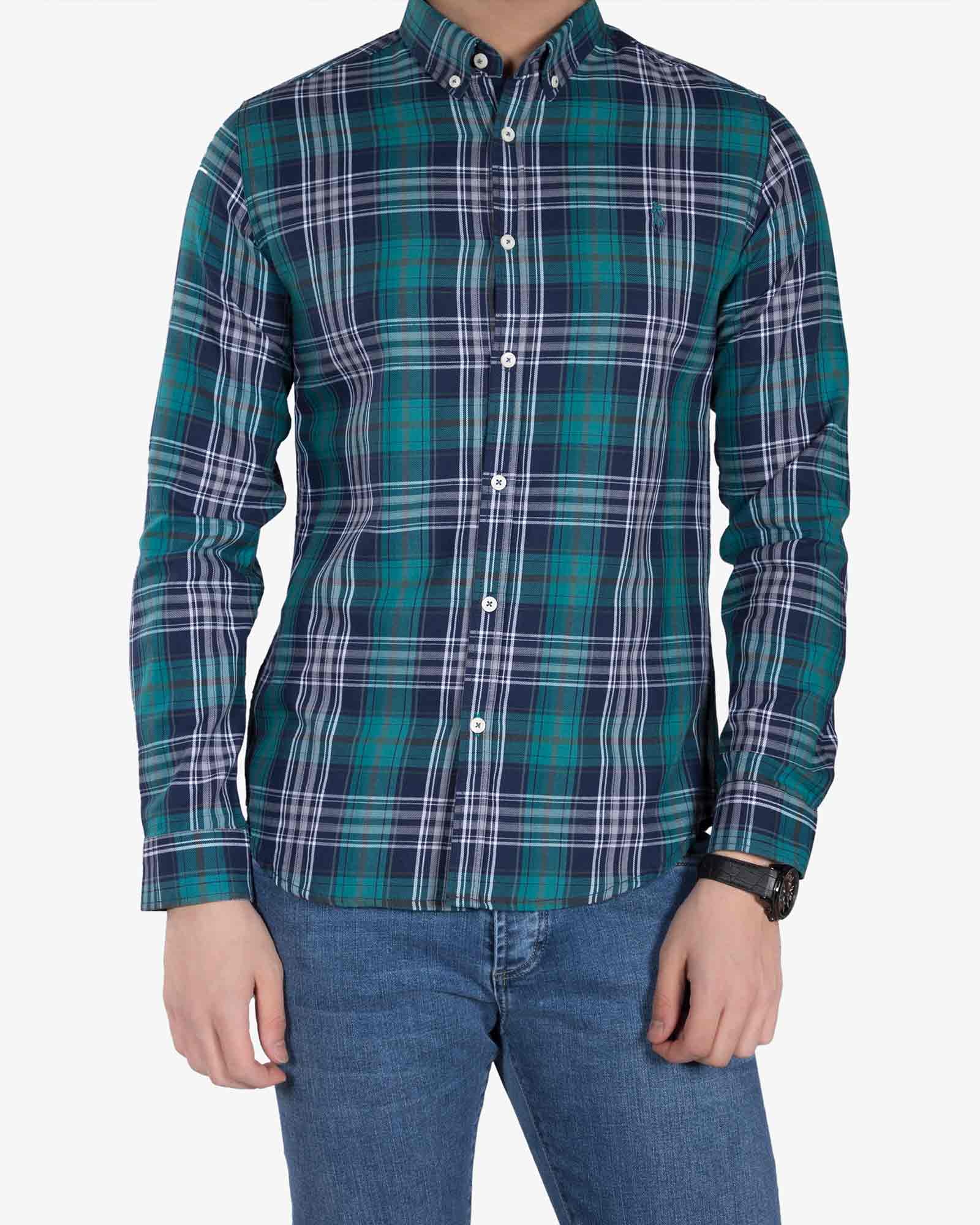پیراهن چهارخانه ریز مردانه - سبز دریایی - رو به رو