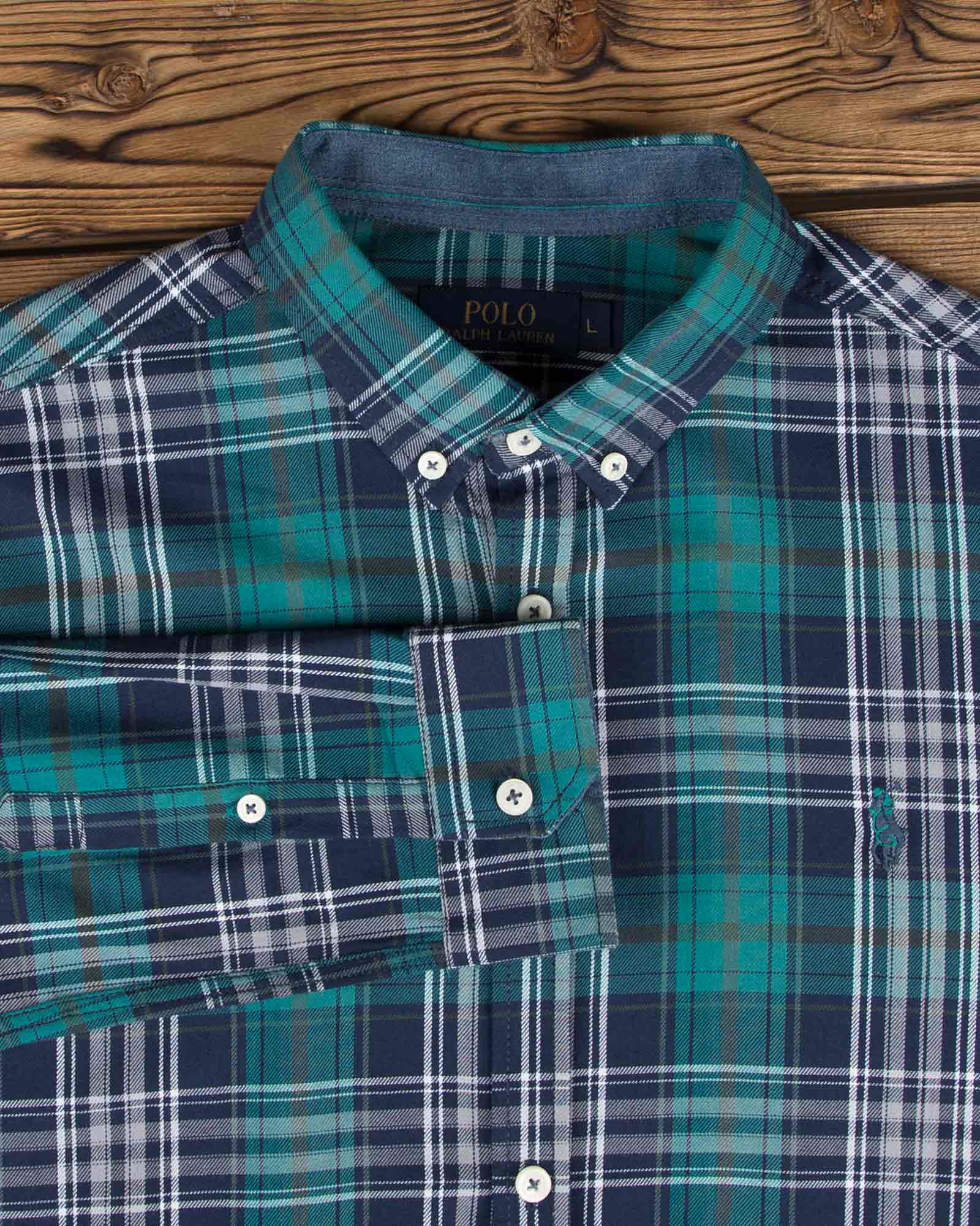 پیراهن چهارخانه ریز مردانه - سبز دریایی - یقه آستین