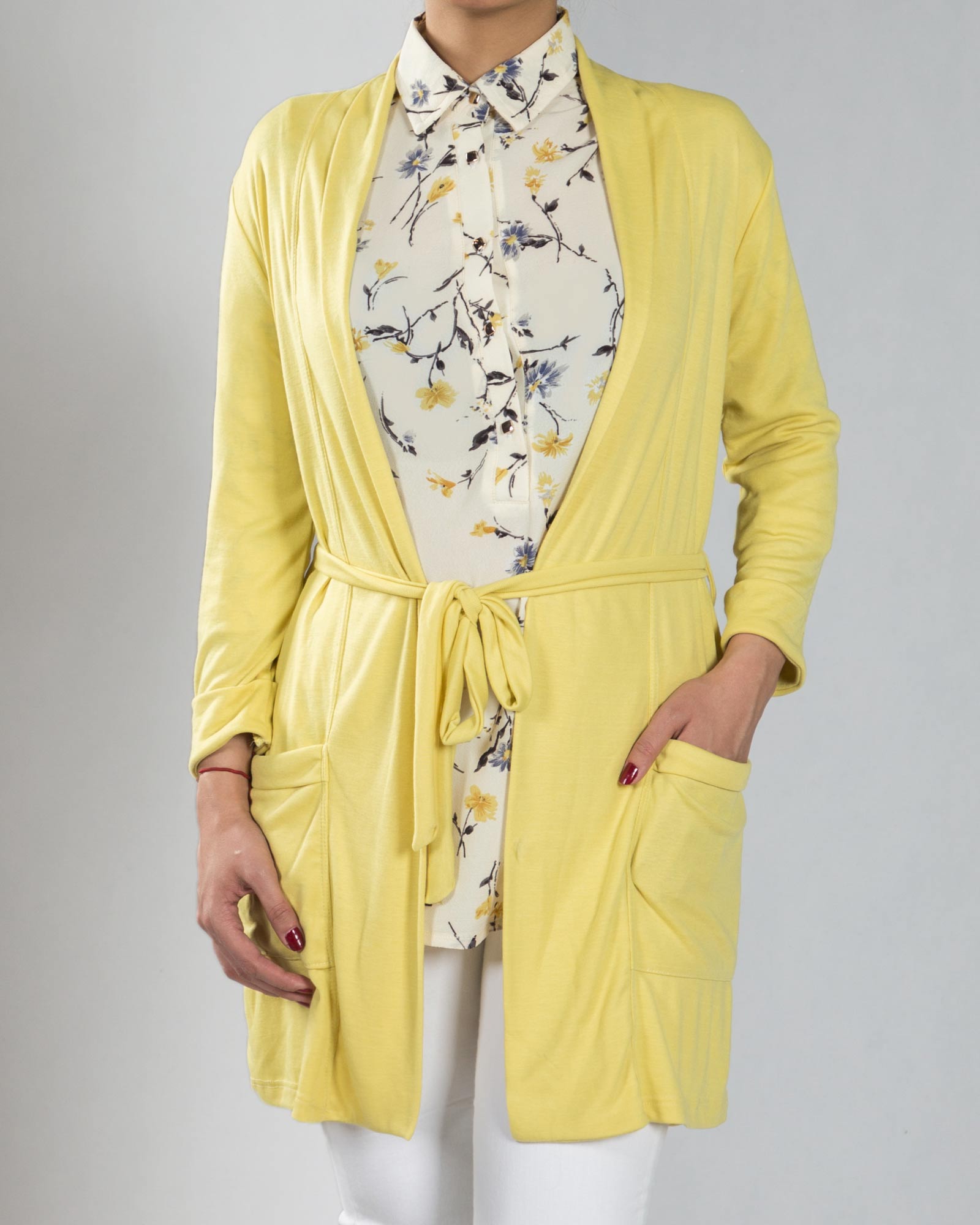 شومیز مجلسی حریر گلدار - زرد - رو به رو دو تکه